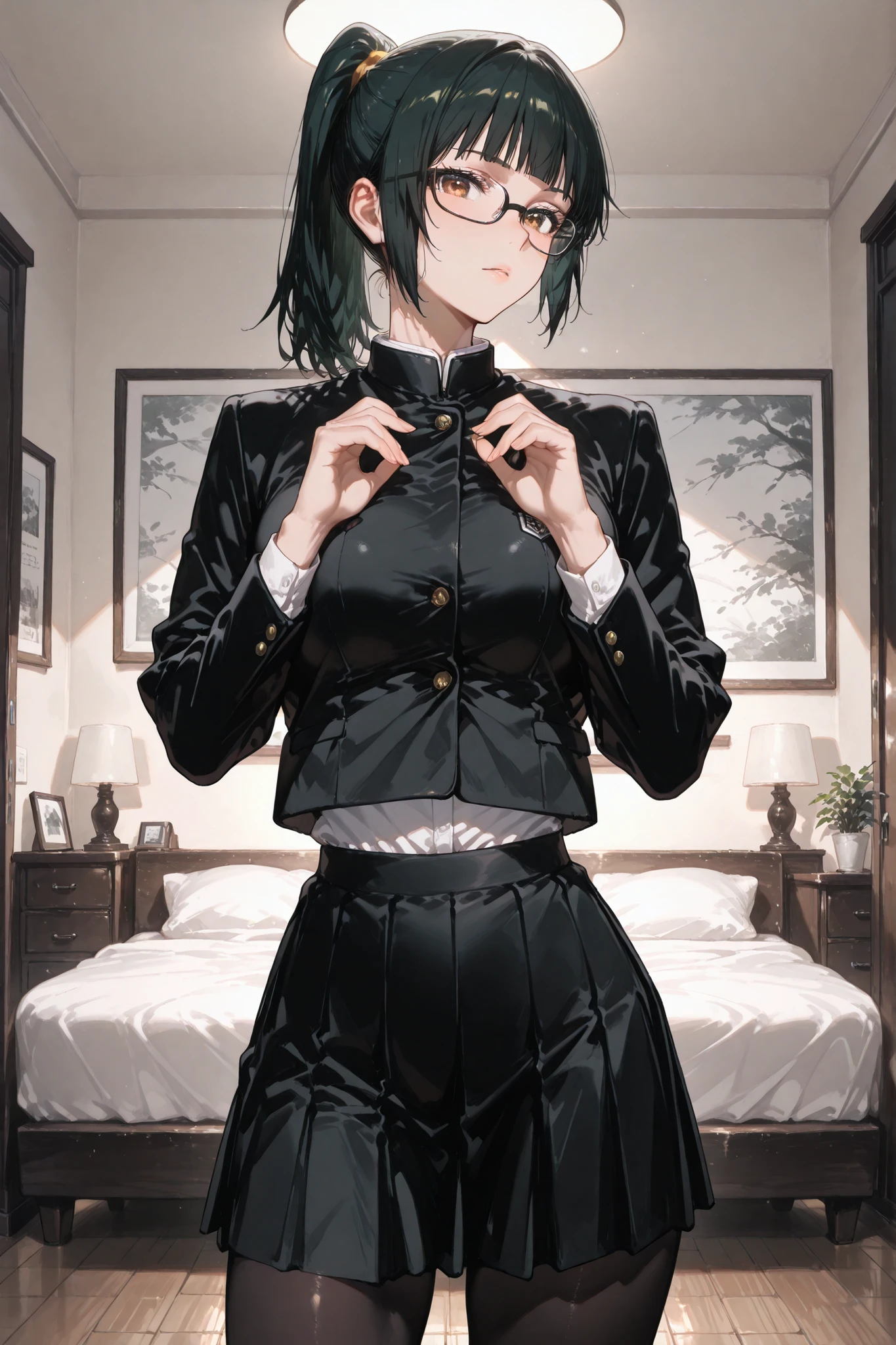 1girl, Maki zenin, ponytail, glasses, beautiful eyes, school uniform, black jacket, long sleeves, black skirt, black pantyhose, makishibuya, toned, home, in the bedroom, standing, looking at the viewer, sexy, sensual, attractive, beautiful, sexy pose, masterpiece, ultra detailed, very aesthetic