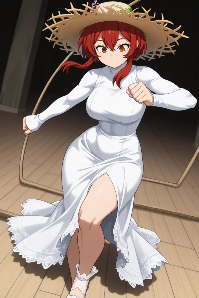 1girl, aaichika, tiara, bridal veil, necklace, cleavage, wedding dress, strapless dress, white dress, white gloves, elbow gloves, from below, skirt lift, white panties and sexy stockings, bare legs,, masterpiece, best quality, highly detailed, Long straight red hair, beautiful red eyes