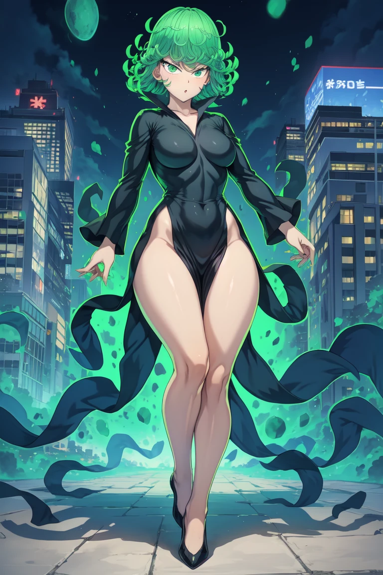 Tatsumaki from one punch man, short green hair, green eyes, Small breast, full body view, wearing fitting V-neck black dress with long sleeves and four high-cut leg slits, smiling, standing in a destroyed city, dynamic pose, dynamic view, hands on hip,