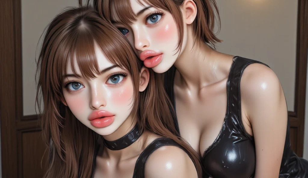2 girls kissing, pechos grandes, hundimiento, lingerie, High quality photo switching tab, apretar el pecho, Rubor
