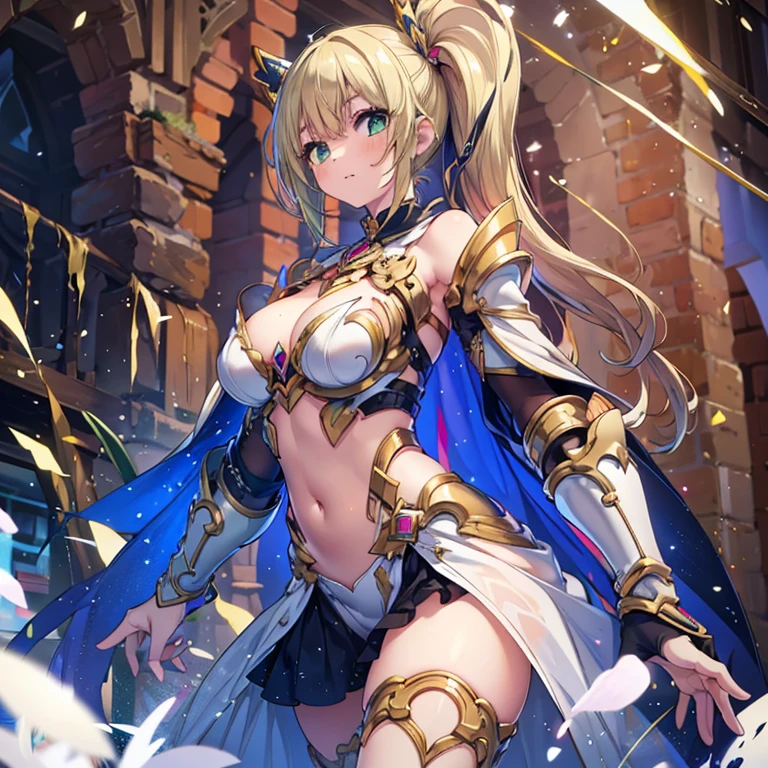 masterpiece, best quality, 1girl, breasts, solo, blonde-hair, blue-eyes, pelvic-curtain, navel, armor, large-breasts, ponytail, cape, cleavage, gloves, weapon, looking-at-viewer, smile, boots, fingerless-gloves, full-body, very-long-hair, standing, revealing-clothes, bikini-armor, black-gloves, fur-trim, simple-background, thighhighs, stomach, hand-on-hip, gauntlets, shoulder-armor, hair-bow, closed-mouth, bow, high-heels, midriff, armored-boots, hand-up, thigh-boots, thighs, ribbon, hair-between-eyes, v-shaped-eyebrows, blush, hair-ribbon, sheath