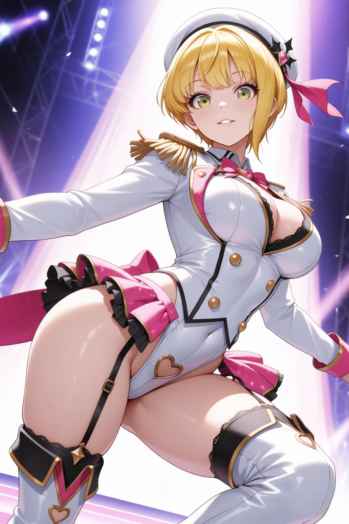 1 girl,ran yakumo,fox tail,fox ear,blonde short hair,big breasts,cheerleader, holding pom poms,cowgirl position,slit pupils,open clothes,;d,cum on breasts,