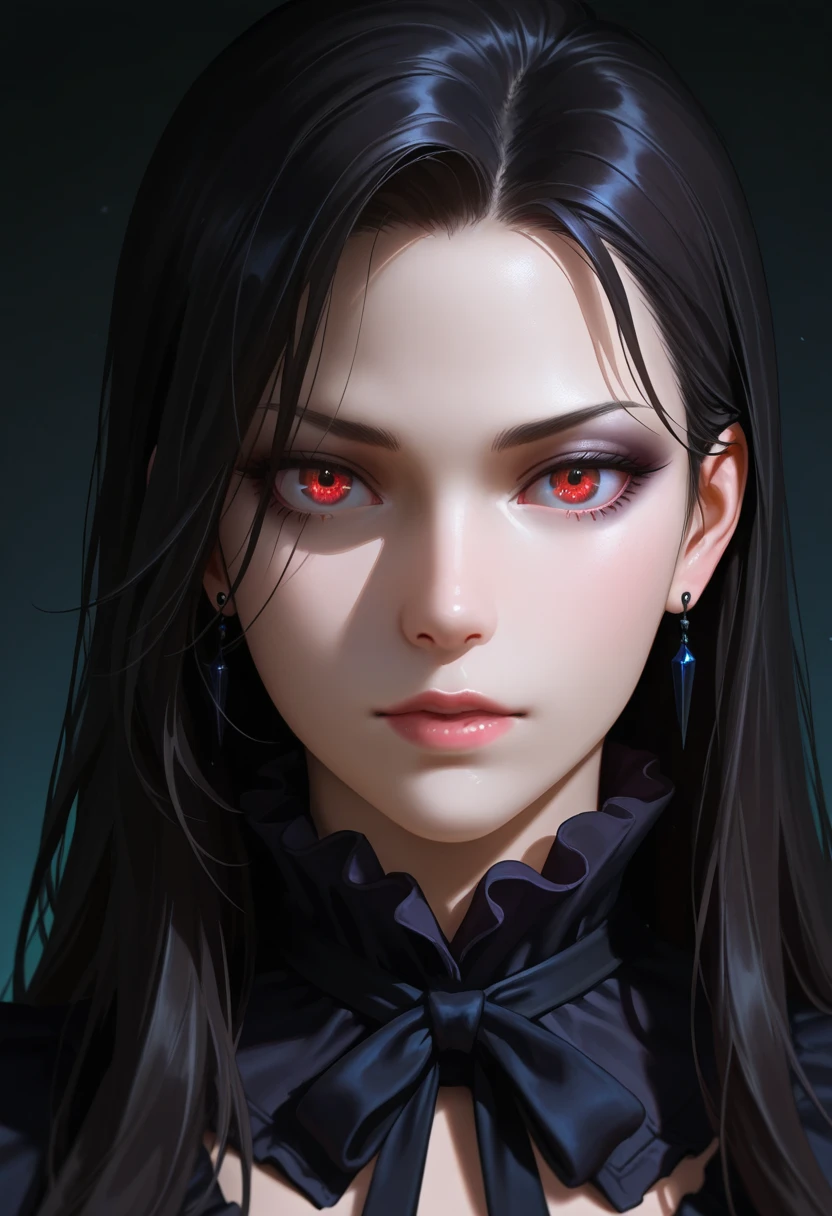 (best quality, hyperdetailed photography:1.2), beautiful lady, ,red eyes , black hair,dark makeup, soft light, snoopy breast,head and breast portrait, cover, (detailed beautiful face, detail skin texture, ultra-detailed body:1.1) sexy vampire girl,, massive perfect breast, closeup portrait, sexy woman,