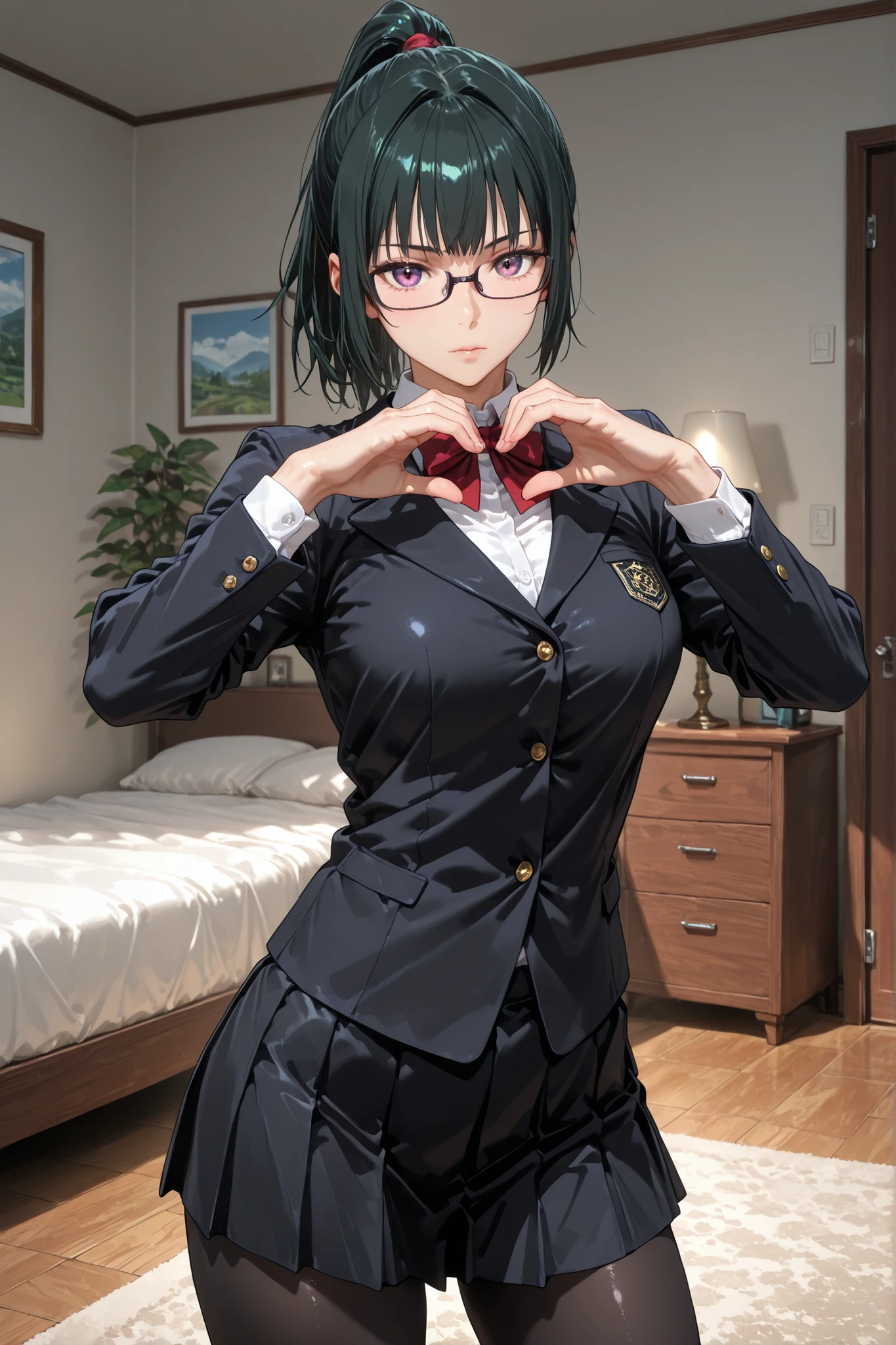 1girl, Maki zenin, ponytail, glasses, beautiful eyes, school uniform, black jacket, long sleeves, black skirt, black pantyhose, makishibuya, toned, home, in the bedroom, standing, looking at the viewer, sexy, sensual, attractive, beautiful, sexy pose, masterpiece, ultra detailed, very aesthetic