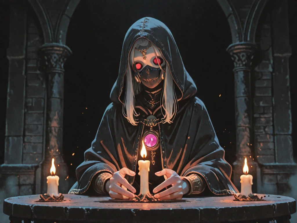 Masterpiece,(Masterpiece, Top quality, Best quality,Sitting,long whitr hair,blossoms,skelleton,skulls,Red wedding dress,Half of the face is covered,arte de terror,covering eyes,Cover your nose,blood-red,Red scarf,red colour,His face was covered with a square towel,Smile,The coat is embroidered with a red robe,The lower body is a red skirt and red pants,Charming,Ghastly,terroral,waxy candles,Spooky atmosphere,casket,