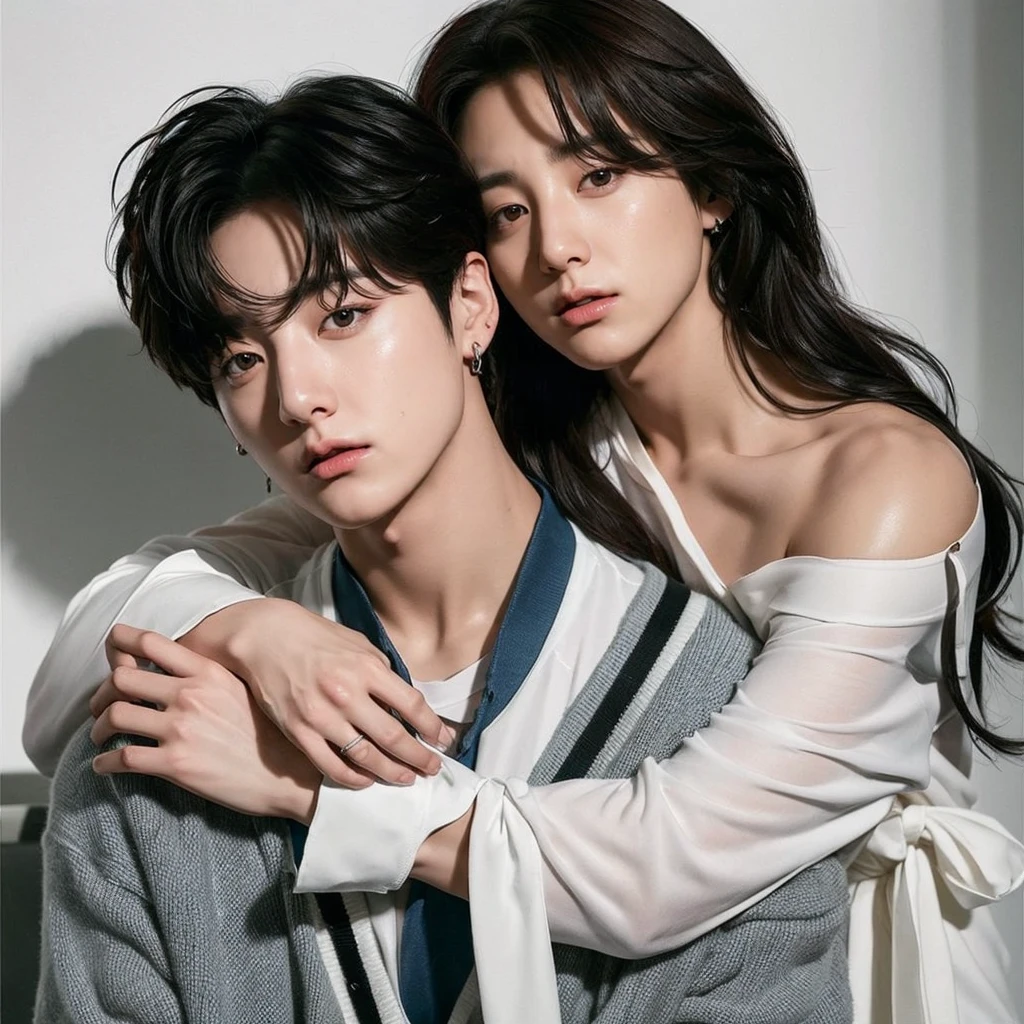 realistic, 8K, masterpiece, RAW photos, best quality, realistic, extremely detailed CG unity 8K wallpaper, depth of field, (very beautiful face, beautiful lips, beautiful eyes), A face with intricate details, ((highly detailed skin)) high quality, 20 year old Korean man wearing a shirt and pants, Idol girl with short hair wearing a sleeveless black dress and pantyhose, sedentary, perfectly balanced, intimate, lover, bodies close to each other, complete anatomy, perfect background, perfect face, perfect body, detailed face, facing, indoor cafe background, 