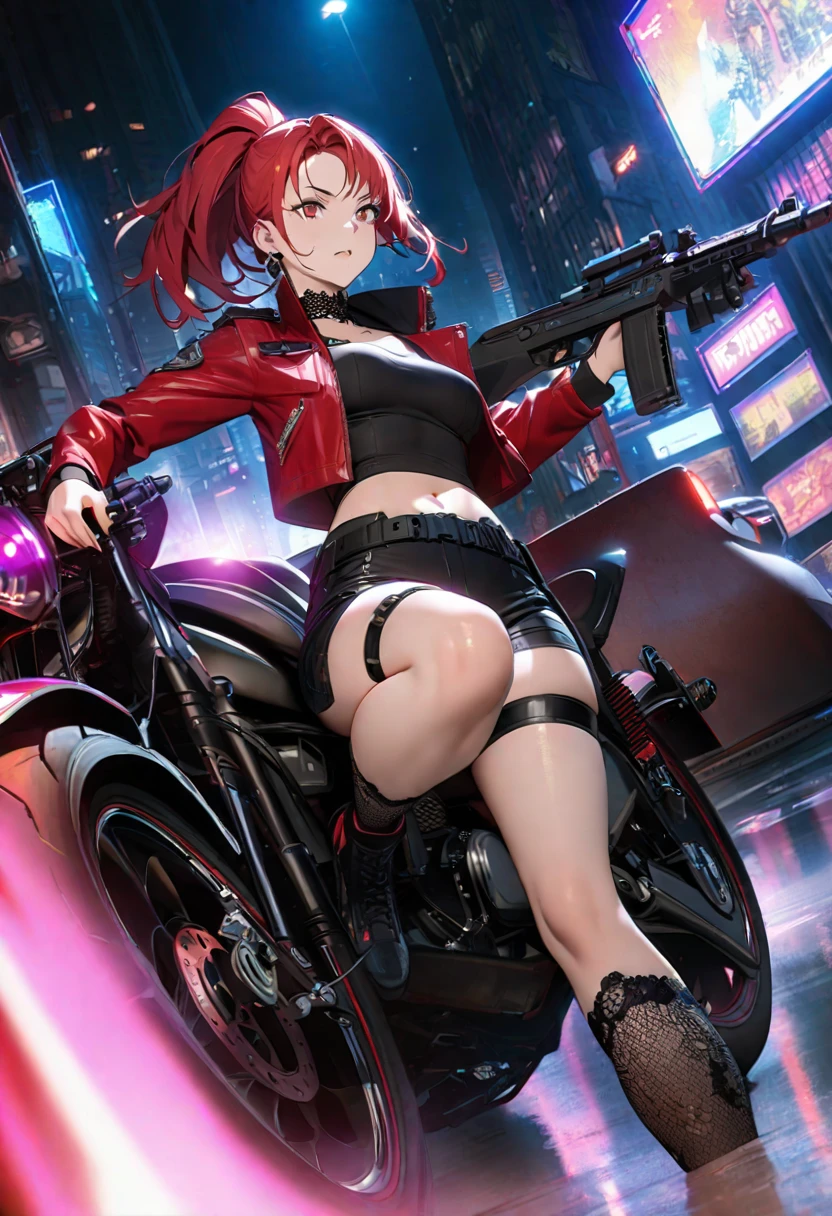 woman, curly red pixie cut hair, green eyes, wearing crop top black shirt, long black jacket, red plaid skirt, (black knee high boots), black fingerless gloves, exposed shoulders, (full body), large breasts freckles, cleavage, abs, looking at viewer, masterpiece, best quality