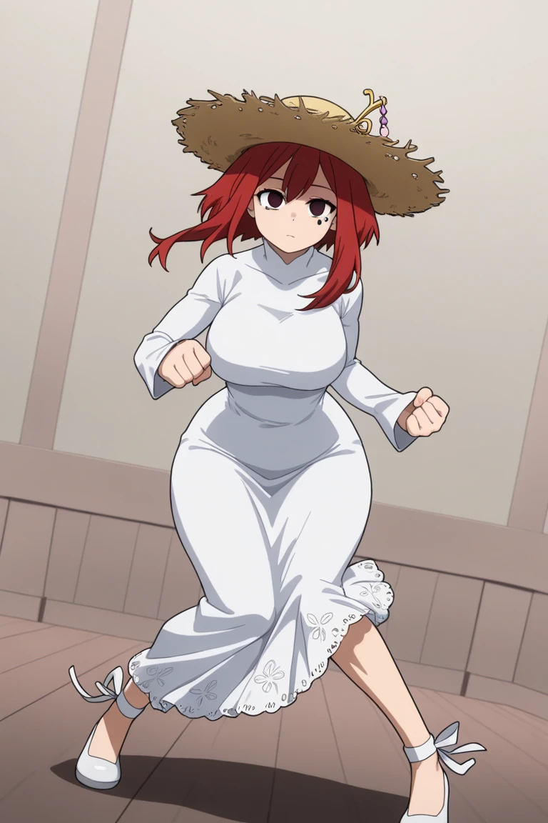 masterpiece, high resolution, best quality, beautiful art,well formed body, hands and fingers, 1 woman, solo, Akane Hiyama, grown up, big breasted, cleavage, sexy body, blue_japanese_clothes, sleeveless, white stockings, pelvic curtain, alluring out, sexy legs, hips and thighs, full body, she is fighting in a martial arts tournament, making her attacks, looking at the viewer, smiling joyfully, being confident and proud, action and combat scene, bouncing breasts, her pelvic curtain is lifted, showing her white panties, beach background