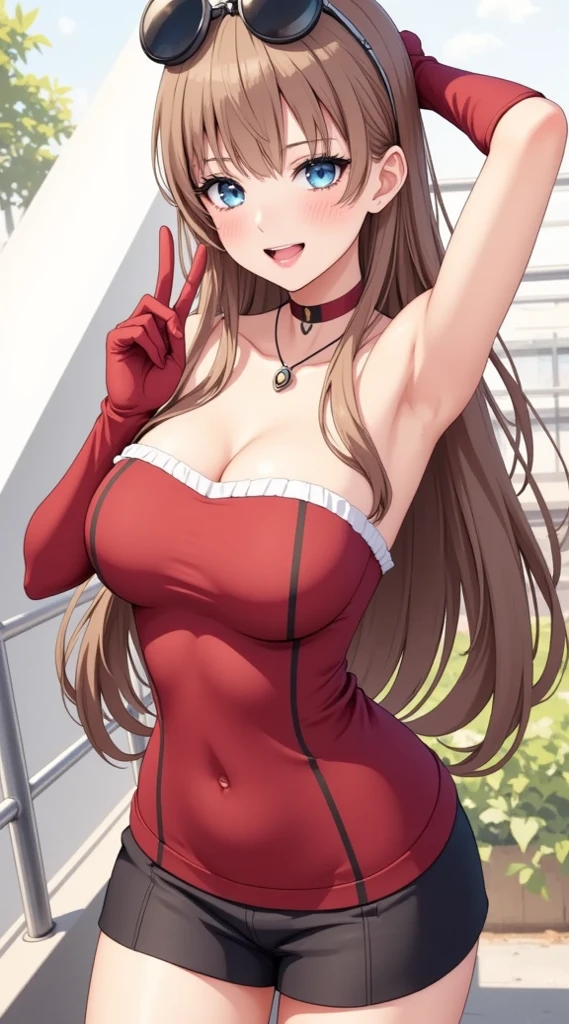 masterpiece, best quality, very aesthetic, absurdres, 1girl, mature_lady, ,1girl, angelina \(summer flower\) \(arknights\), arknights, animal ears, official alternate costume, swimsuit, twintails, one-piece swimsuit, fox ears, brown hair, casual one-piece swimsuit, long hair, red one-piece swimsuit,waby mouth, :3,1girl,upper body,Condom in mouth, double V gesture,blush,tears in eyes,embarrassed,Nautical / Maritime,blur background,background defocus