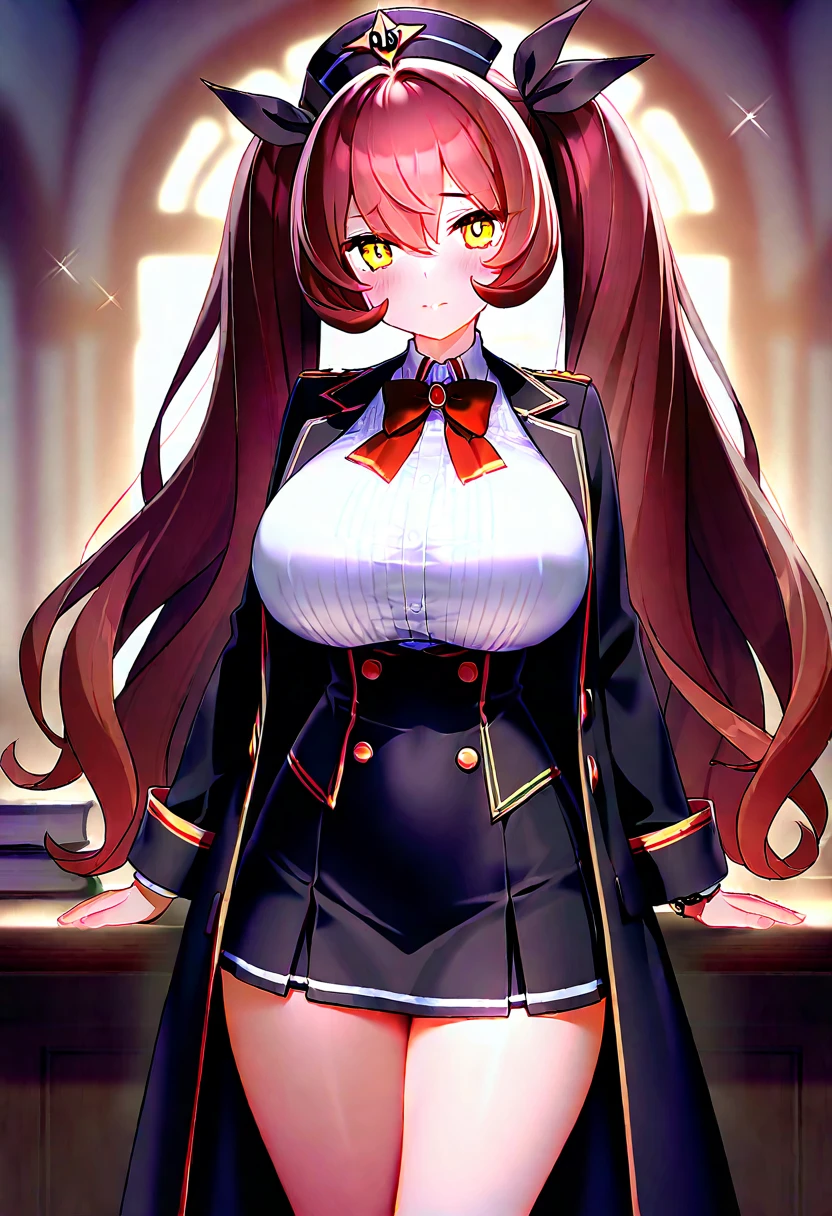 txtchiori, masterpiece, best quality, ultra-detailed, glistening shiny, glowing light, ray tracing, HDR, deph of field, (perfect face, detailed face, detailed eyes,perfect handedium boobs:0.7),8k,HD,ultra realistic face,ray tracing,perfect lighting,best quality, ultra-detailed, shiny eyes, (looking at viewer,open mouth smile:1.1), ((1girl)), (mature female:1.4),cowboy shot,thighs,pov,((gradient hair)),multicolored eyes, gradient eyes, (glowing eyes:1.5), mascara, (fashion make up), parted lips, hermoso long legs, (complex background, many elements in the background:1.2),((super detailed background)), ((8k wallpaper)), surrounded by clothing fabrics, flower petals falling around her, uniform background, realistic image, coherent image, detailed image, 1 beautiful girl. She has long brown hair, tied up with a comb in the shape of a red flower. Red eyes, long eyelashes. Her face is oval and delicate. She wears a traditional t-shirt, a pleated mini skirt with lace, and stockings that cover her legs. She has a curvy body, large breasts and thick thighs.