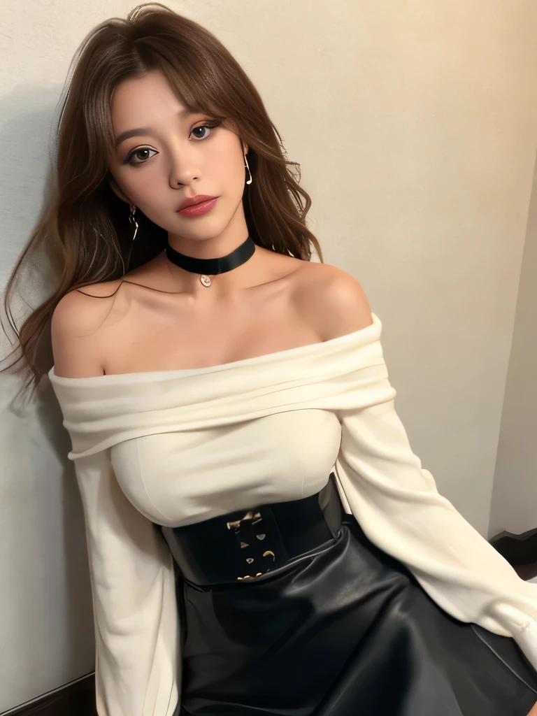 ((Night view, Realistic Light, Highest quality, 8K, masterpiece: 1.3)), 1 Girl, Beautiful woman with slim figure: 1.4, (Brown Hair, Large Breasts: 1.3), Off-the-shoulder cut top: 1.3, sofa, Highly detailed face, Beautiful Eyes, double eyelid