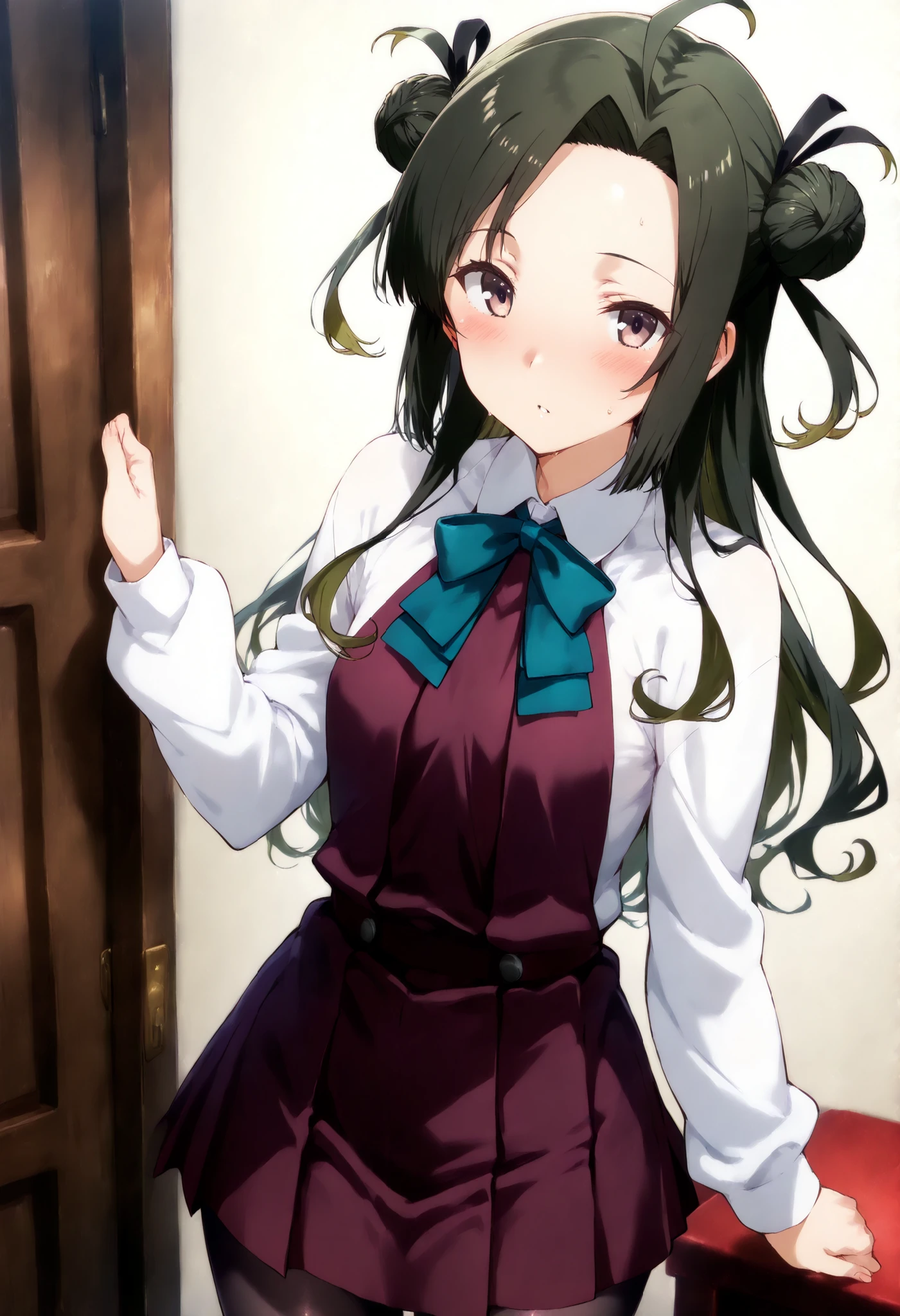 Makinami (KANCOLLE),
()), 一人の女の子, 一人で,カウボーイショット,
makinamiKC, long hair, shirt, long sleeves, dress, bow, ribbon, school uniform, ahoge, pantyhose, bowtie, hair bun,double bun, neck ribbon, halterneck, purple dress, forehead, pleated dress,
, スカートリフト,