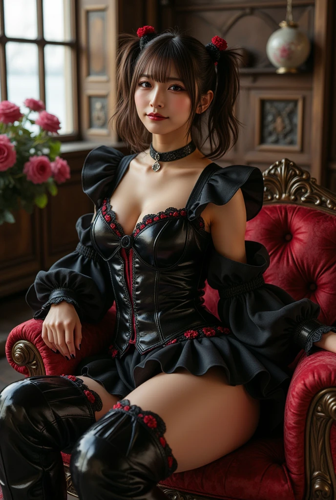 Masterpiece, high quality, many details,
Girl (16 years old), black hair with a white streak, red leather corset, blue lace bra, black pleated skirt with white trim, high black boots with spiked heels, sexy, black kayale, red lipstick, a bouquet of blue roses,