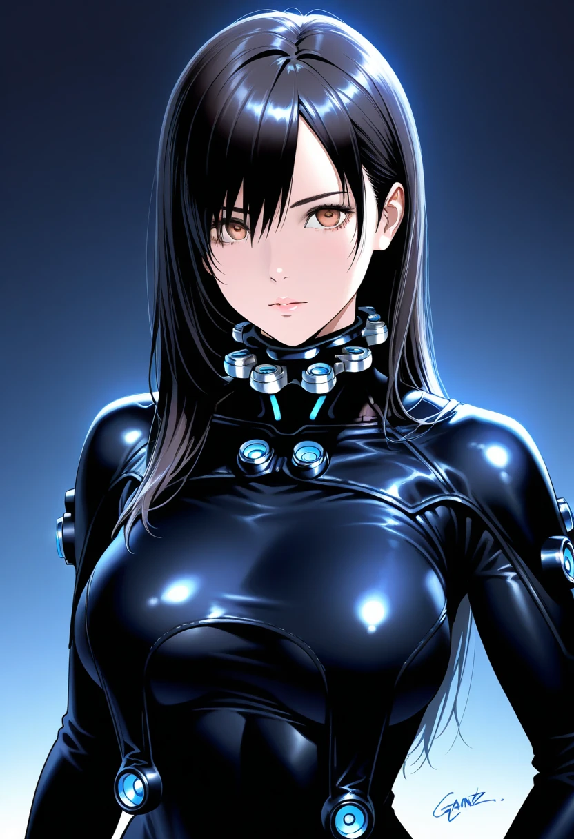 empty eyes,robotization,woman ,big bust,Robot Joint ,Metal skin,Black Suit,long hair,a black suit that covers the whole body