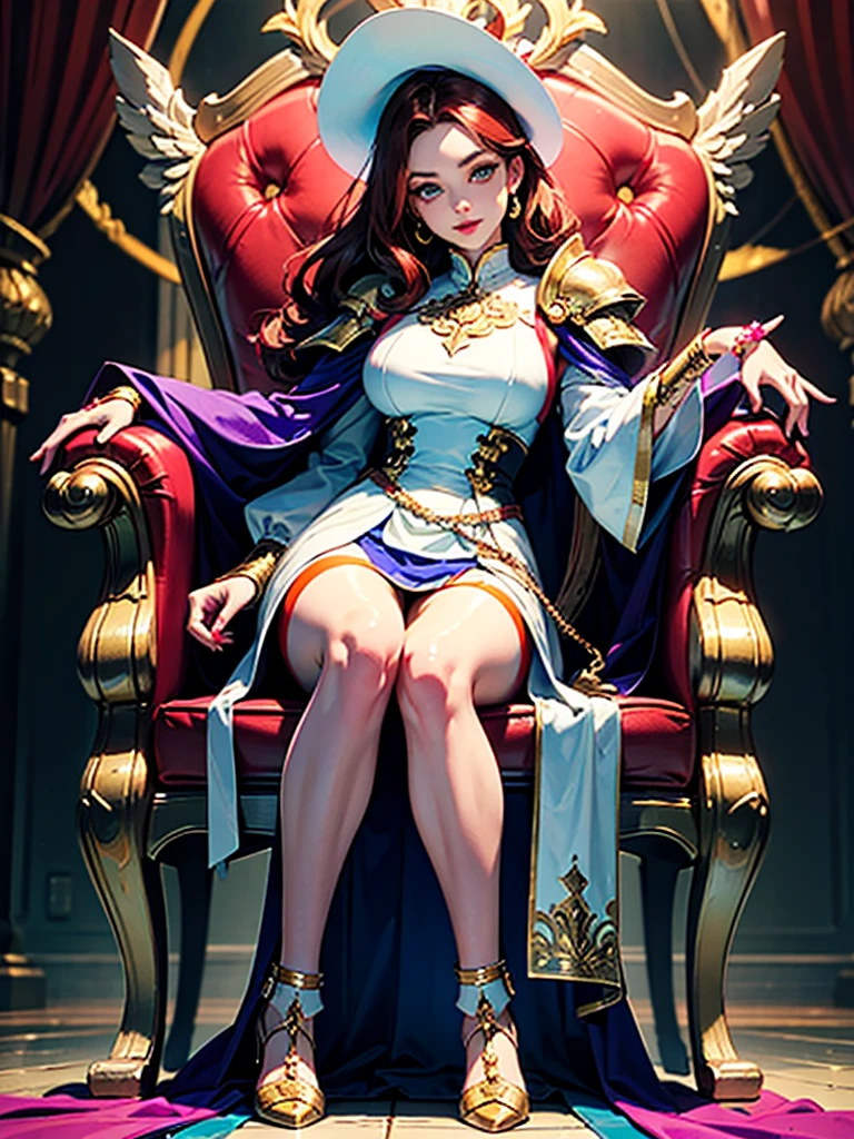 Crazy Clown Queen，sitting on golden throne,Jester cap,Clown costume, mitts,Vibrant colors, burst into laughter, dark gold hair,Cute,Horror,Wavy hair, hair-bun,high-heels。 (It's all blood)，Circus props, spooky ambiance, haunted background。style of surrealism, Sharp contrast,ominous lighting,hdr,hyper HD,Studio lighting,painting-like,Ultra-fine painting,Sharp focus,Physically-based rendering,Extreme detail description,professional,((Horror)).