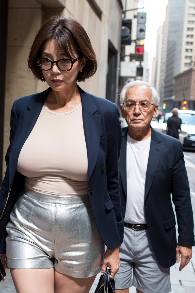 In a crowded street,a beautiful woman wearing sexy suit and an old man are making out on road side, UHD, masterpiece, textured skin, super detail, best quality, 8k