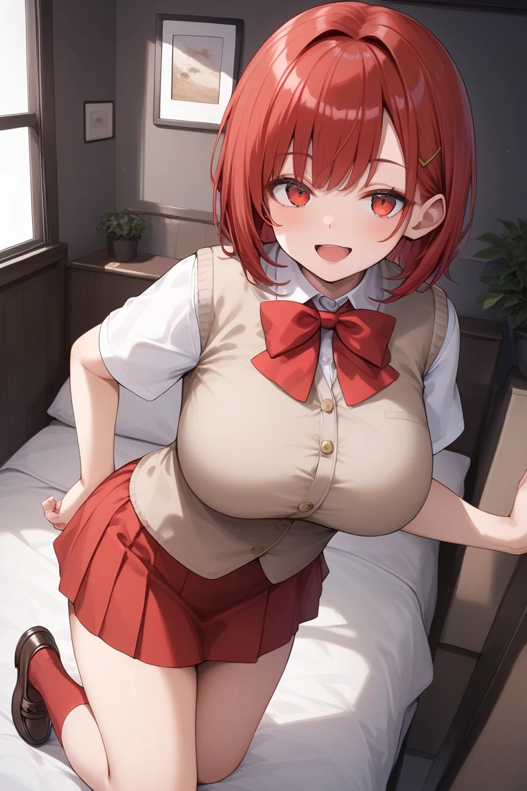 1 girl,huge breasts,cleavage,school uniform,redhead,short hair,droopy eyes,restrained,BDSM,sleep on her back