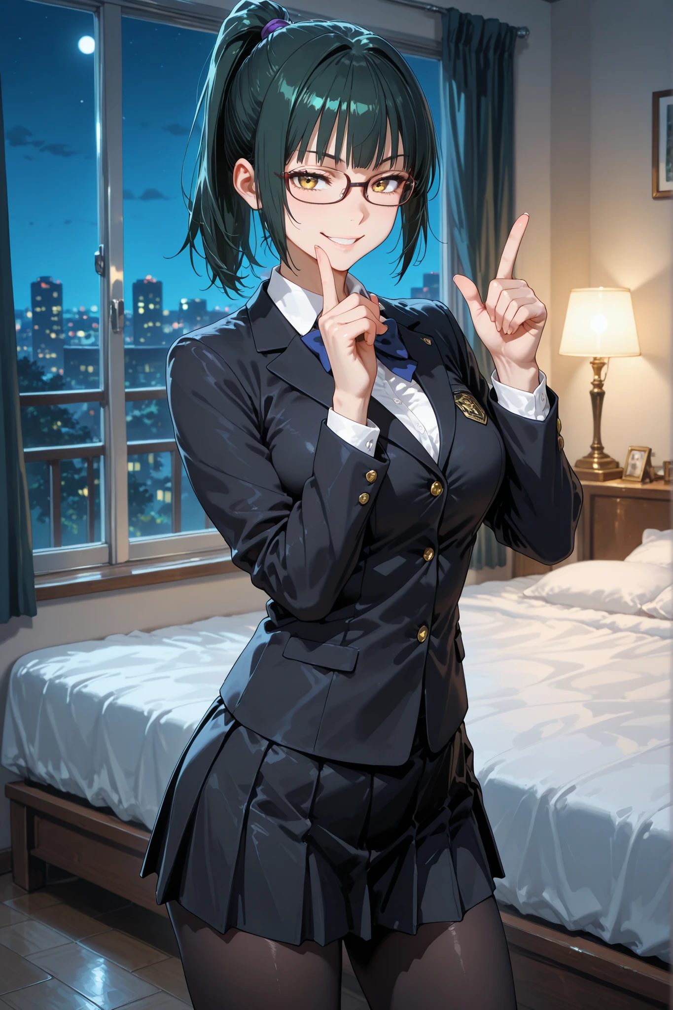 1girl, Maki zenin, ponytail, glasses, golden eyes, school uniform, black jacket, long sleeves, black skirt, black pantyhose, makishibuya, toned, in the bedroom, near the bed, night, window, standing, looking at the viewer, pointing the index finger at the viewer, naughty smile, attractive, seductive, sexy, masterpiece, ultra detailed, very aesthetic