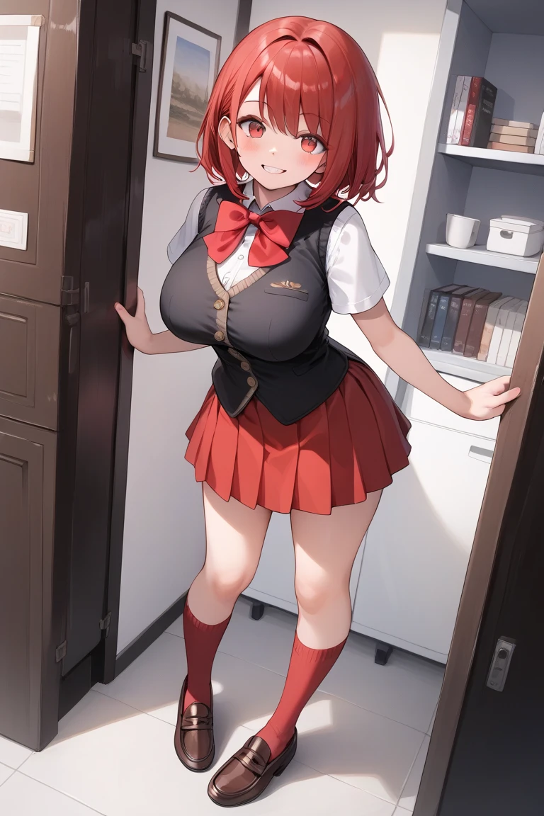 image is a large anime girl wearing a very short skirt and top, 1girl, breasts, solo, panties, underwear, looking at viewer, black panties, large breasts, skirt, cleavage, bow, thighs, clothes lift, red eyes, red hair, red skirt, bangs, skirt lift, ass visible through thighs, long sleeves, bowtie, lifted by self, red bow