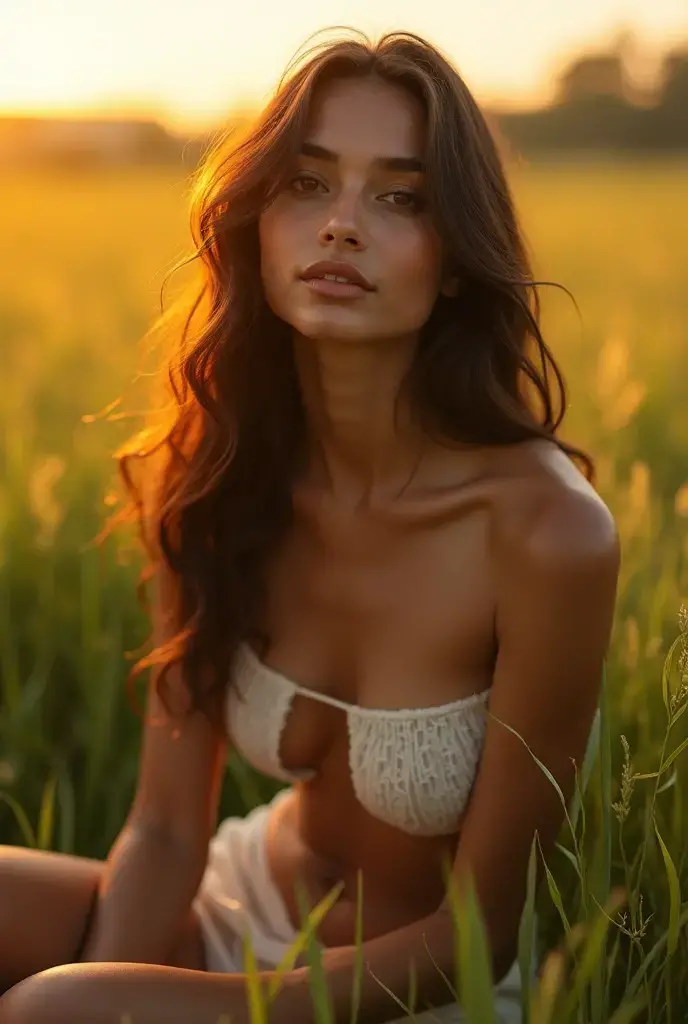 A brunette girl with curly hair and big breasts sits with her legs stretched out, taking a realistic photo