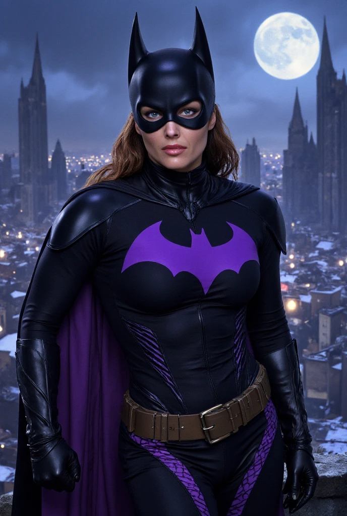 masterpiece, best quality, 1girl, batgirl, cowboy shot, realistic, (bruise), green eyes, mask, revealing clothes, sexy, orange hair, lips, long hair, floating hair, solo, dark, city background, night sky, neon city light