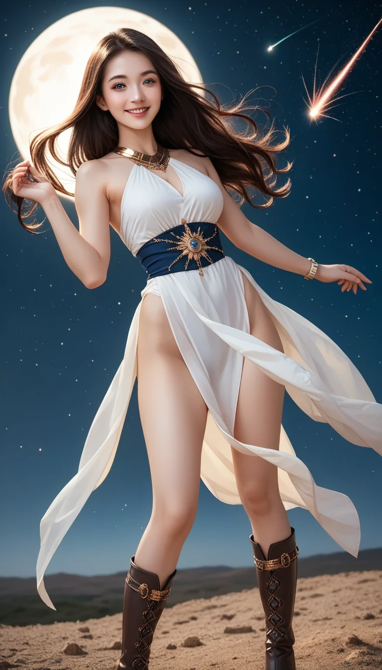 (masterpiece、Highest quality、High resolution、8K、16K)、((Alone space、Beautiful Goddess、Standing posture、フローティング the sky like a star))、((whole body))、Golden Cape、White long dress、No sleeve、Adorned with vibrant jewels、Gold Bracelet、Blonde middle、Beautiful brown eyes、A kind smile、Mouth closed、Elegant and detailed face、Graceful operation、Place one hand under your chest、Professional Lighting、The universe is full of light、Countless stars and nebulae、Seductive pose,The chest is slightly visible,Large breasts sagging due to gravity, Spread your legs,
