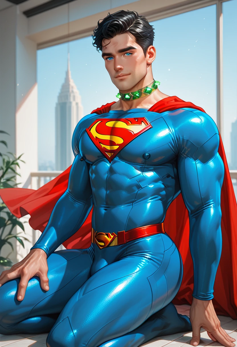 (masterpiece, best quality), 1guy, muscular, blonde, blue eyes, complex, (rooftop), full body, superman costume, bright colors, (depth of field: 1.2), (abs), blush, looking at the audience, on the floor, spreading your legs, --auto --s2