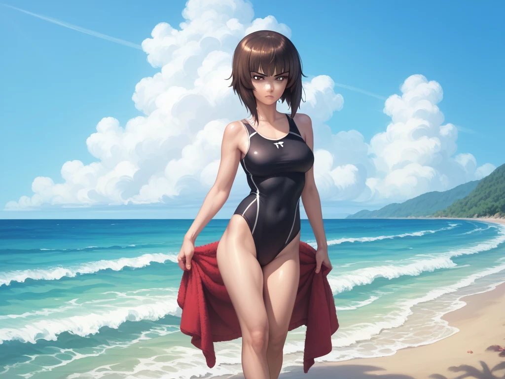 ((highest quality, masterpiece, High resolution)), ((reality)),Photos of beautiful Japanese women,((anime art))、 (((1 girl))), normal size breasts, slim body shape, medium short hair, double eyelid, Wet see-through one-piece swimsuit,, A pareo with bold ethnic patterns and plenty of primary colors、realistic skin、Wet,whole body,cinematic light、tropical、Against the background of palm trees on both sides、on a sunny beach、With the sea in the background、blur background、Clean abs,