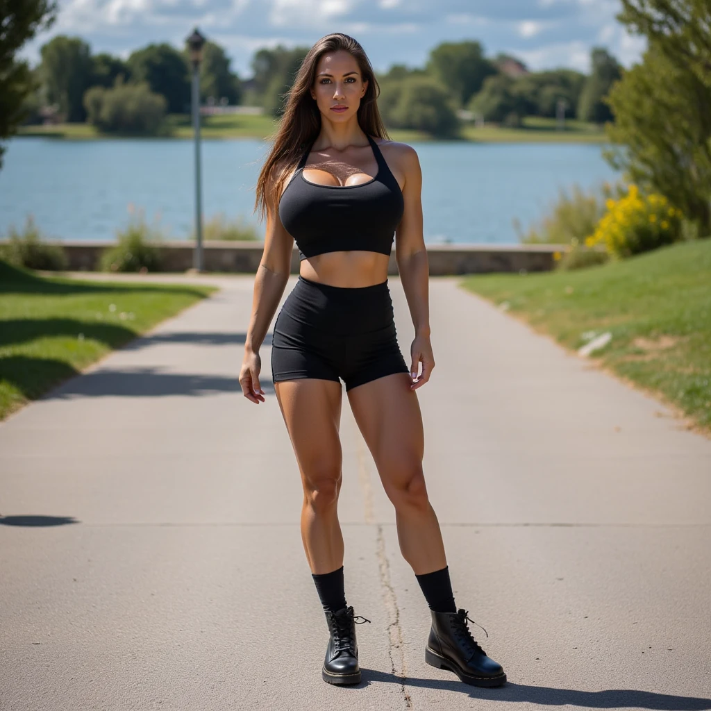 realistic image a muscular girl showing off her beautiful (toned legs:1.2) posing standing, detailed face, defined muscles, sweaty skin, half body