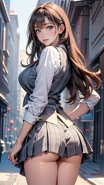 1girl, full body, solo, summer, village, trees, sun, clouds, ((brown hair)), ponytail, large breasts, ((black blazer)), button down shirt, ((white shirt)), ((unbuttoned shirt)), unbuttoning buttons, brown eyes, skirt, smile, looking at the viewer, standing, hair ribbon, golden necklate, shoulder bag