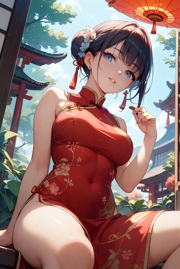 masterpiece, best quality, married woman， aldult, Chinese style, China, elder sister,  Smile, brown hair, princess cut, Single braid，Full of motherhood，传统China服装，purely，blush，Dignified yet lively，Mother，Put your hands on your belly，thin lips，pregnancy，Mature