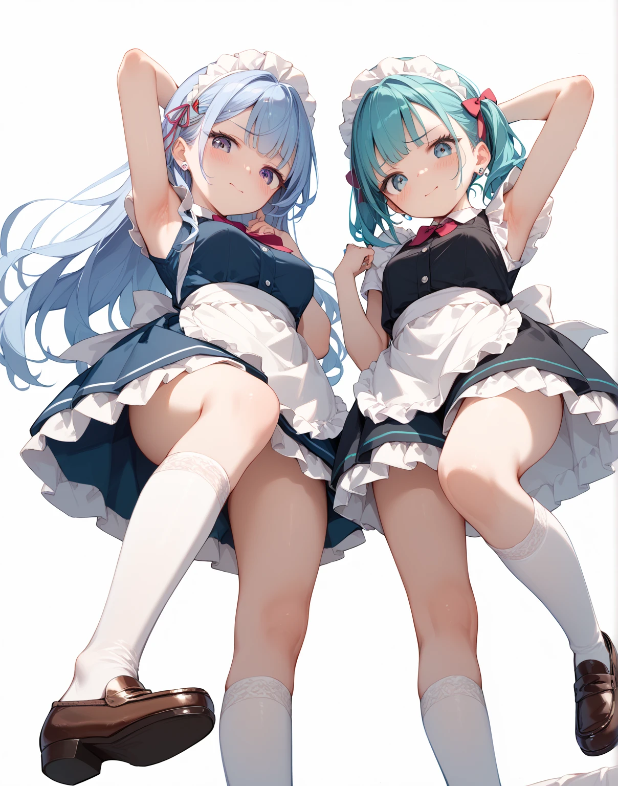 Best Quality,masutepiece,look down on, Upper body,Strands of hair,lightblue hair,white hair,Pink hair,Classroom,tiny chest、red blush, Bow, Red bow, Long sleeves, Shirt, Collared shirt, Skirt, Pleated skirt, Black skirt, tiny chest、looking at the viewers, BREAK (masutepiece:1.2), Best Quality, High resolution, Unity 8k Wallpaper, (Illustration:0.8), (Beautiful detailed eyes:1.6), extra detailed face, Perfect Lighting, extremely details CG, (Perfect hands, Perfect Anatomy),A smile、(Skirt lift:1.3), (White :1.3)、(Sthat rolls up:1.3)、(Fully exposed panties:1.tiple girls)