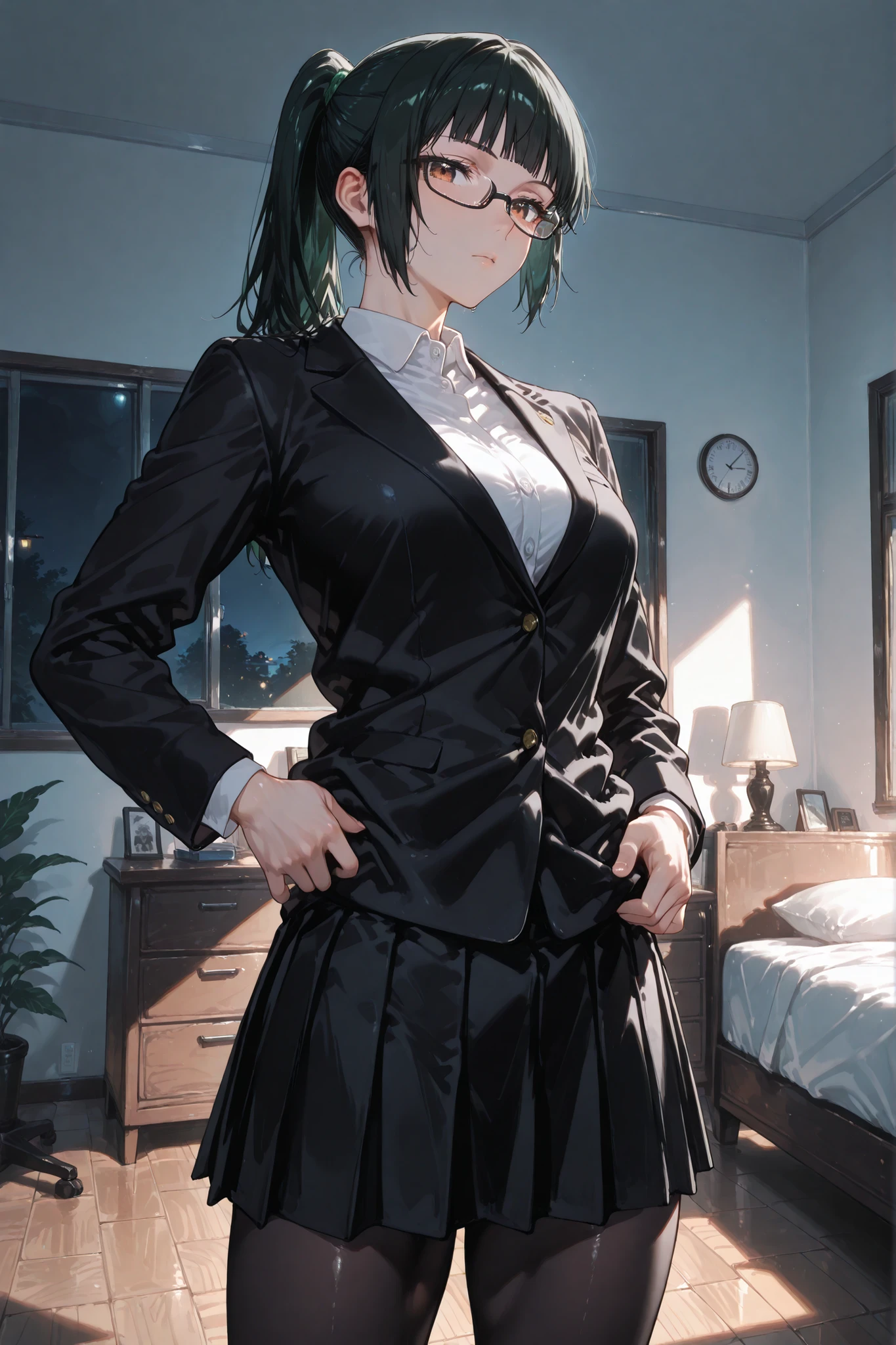1girl, Maki zenin, ponytail, glasses, beautiful eyes, school uniform, black jacket, long sleeves, black skirt, black pantyhose, makishibuya, toned, home, in the bedroom, standing, looking at the viewer, sexy, sensual, attractive, beautiful, sexy pose, masterpiece, ultra detailed, very aesthetic
