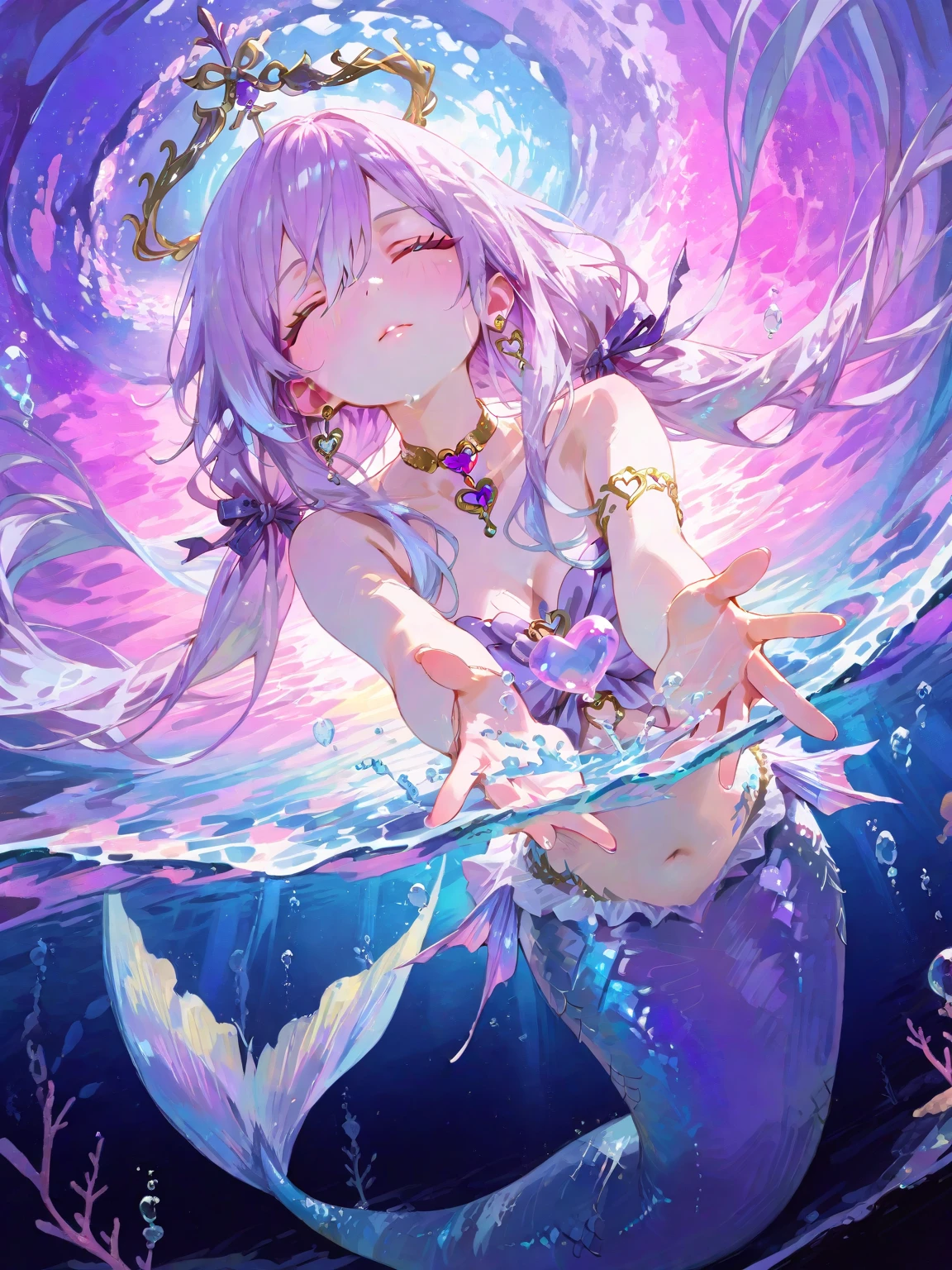 masterpiece, best quality, novel illustration, highres, 18+ mature content, sensual, intimate, emotional, passionate, romantic, sweet, endearing, innocent, pure, captivating, alluring, enticing, mysterious, enchanting, captivating, immersive, mesmerizing, dreamlike, surreal, imaginative, whimsical, artistic, avant-garde, timeless, elegant, sophisticated, chic, refined, unique, original, mesmerizing,((Mermaid Princess:1.3)),Beautiful tears