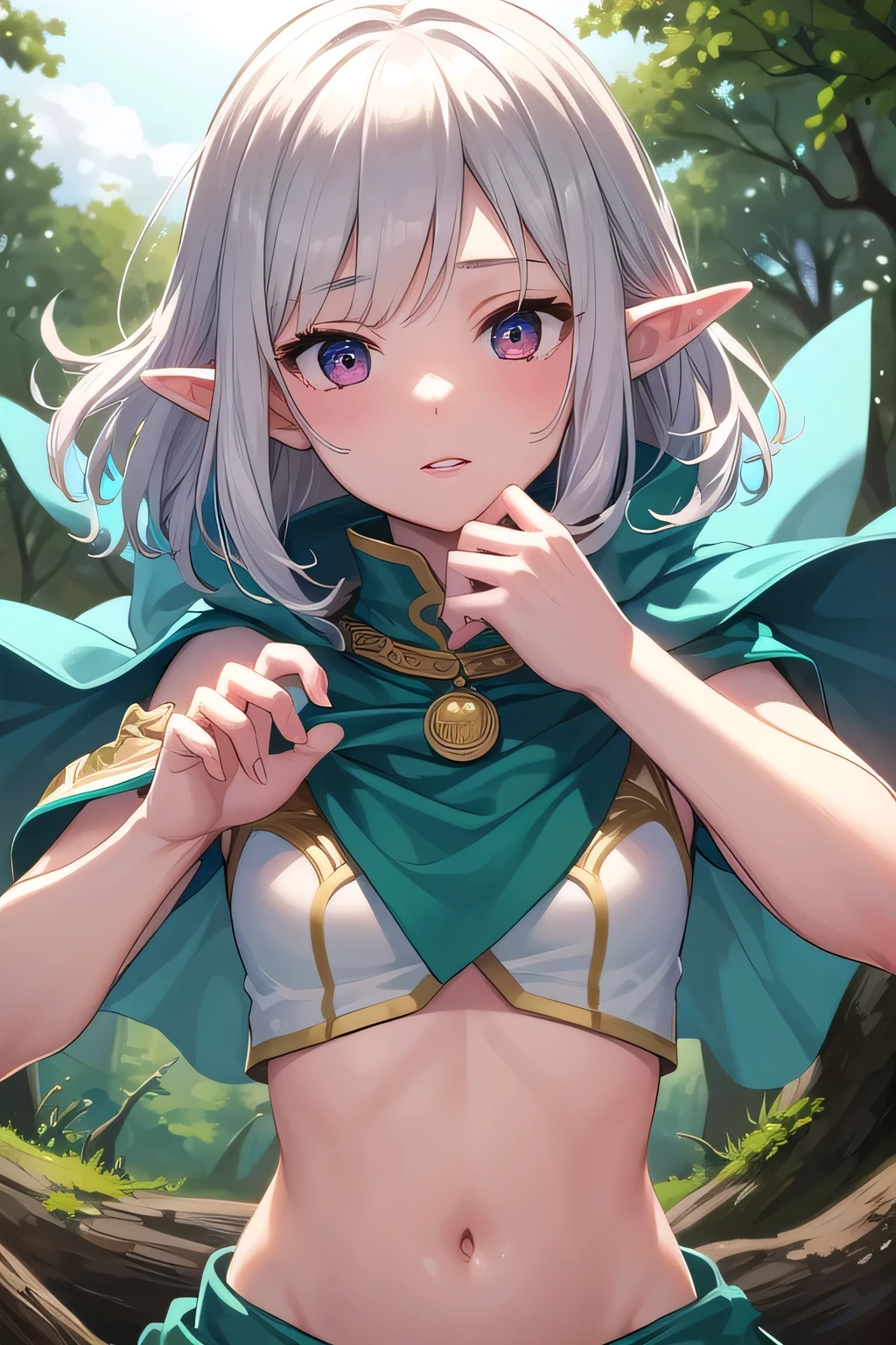 BREAK looking at viewer, BREAK (masterpiece:1.2), best quality, high resolution, unity 8k wallpaper, (illustration:0.8), (beautiful detailed eyes:1.6), extremely detailed face, perfect lighting, extremely detailed CG, (perfect hands, perfect anatomy),castle,tower,outdoor,night,starfall,stars,wet road,reflections,green hair, side ponytail, (purple eyes:1.1),frieren, long hair, twintails, (green eyes:1.5), grey hair, pointy ears, elf,shirt, long sleeves, jewelry, pantyhose, earrings, striped, black pantyhose, capelet, striped shirt,small breast,from above,bend over,cleavege,neckline,sitting,spread legs.