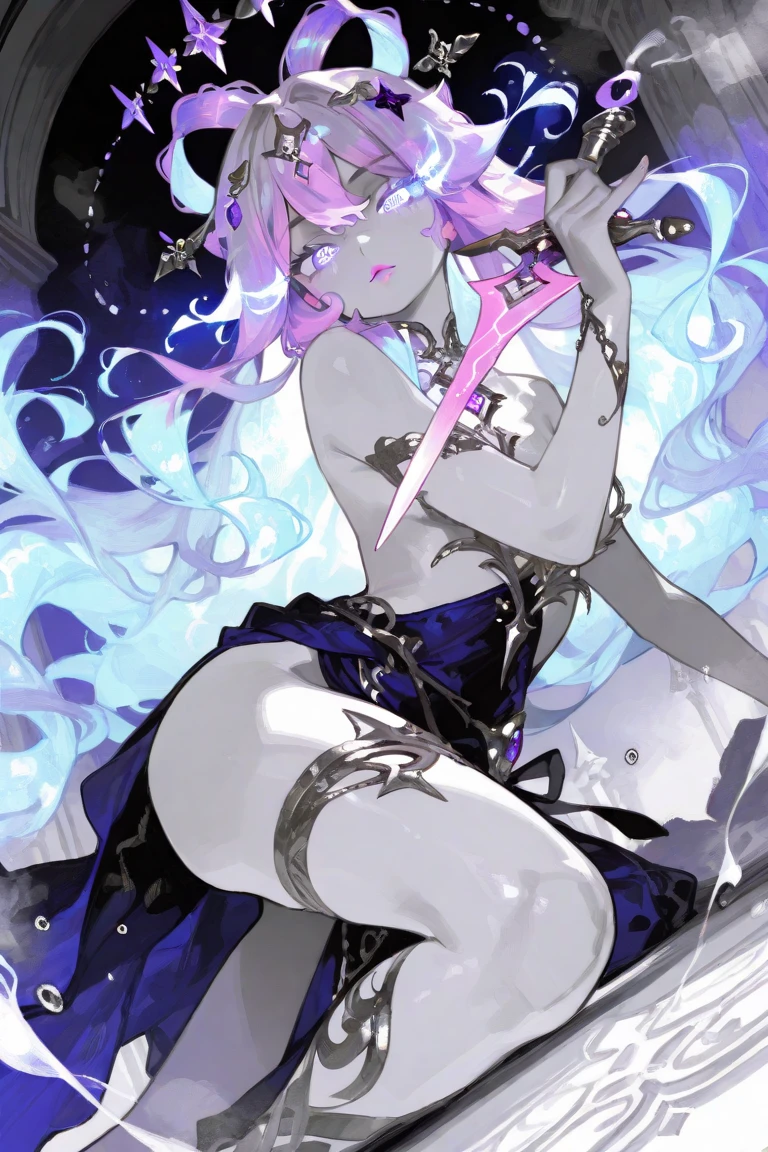 ((masterpiece, best quality)), Epic battlefield atmosphere，Delicate face，goddess，Starry Sky，whole body，Standing picture，glowing purple eyes，Large Breasts，Gradient white long wavy hair，Perfect body proportions，Pure white background，firefly，Water Ripples，Lace，Transparent sex bikini，whip，chain