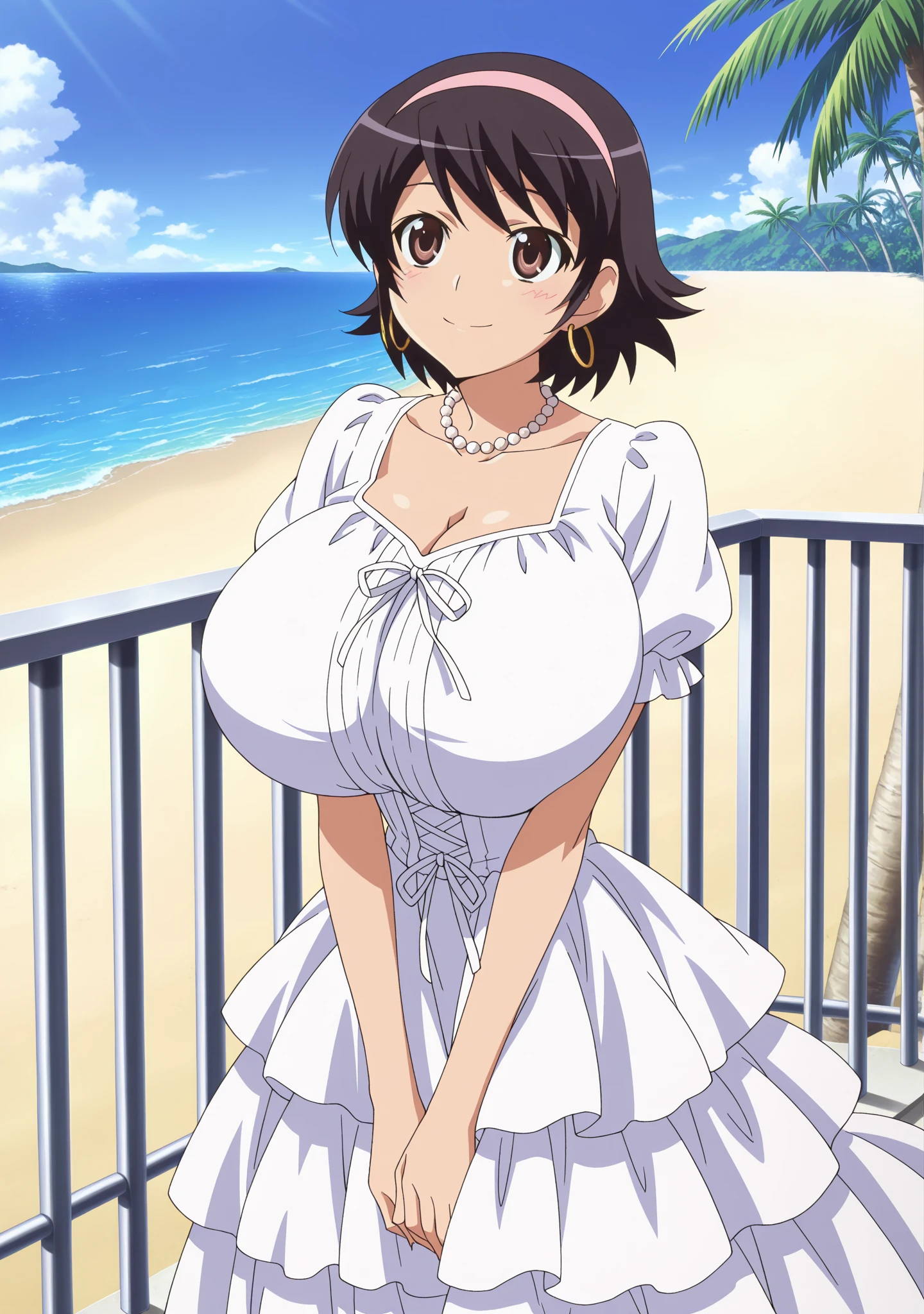 masterpiece, best quality, sharp focus, absurdres, BREAK, 1girl, solo, smile, blush, (looking at viewer), (upper body:1.3), naked apron, (huge breasts), wide hips, bob cut, brown hair, BREAK simple background, (alphonse mucha), John William Waterhouse, gigantic breasts:1.3, curvy body, mammasize, 1990's anime cels style,