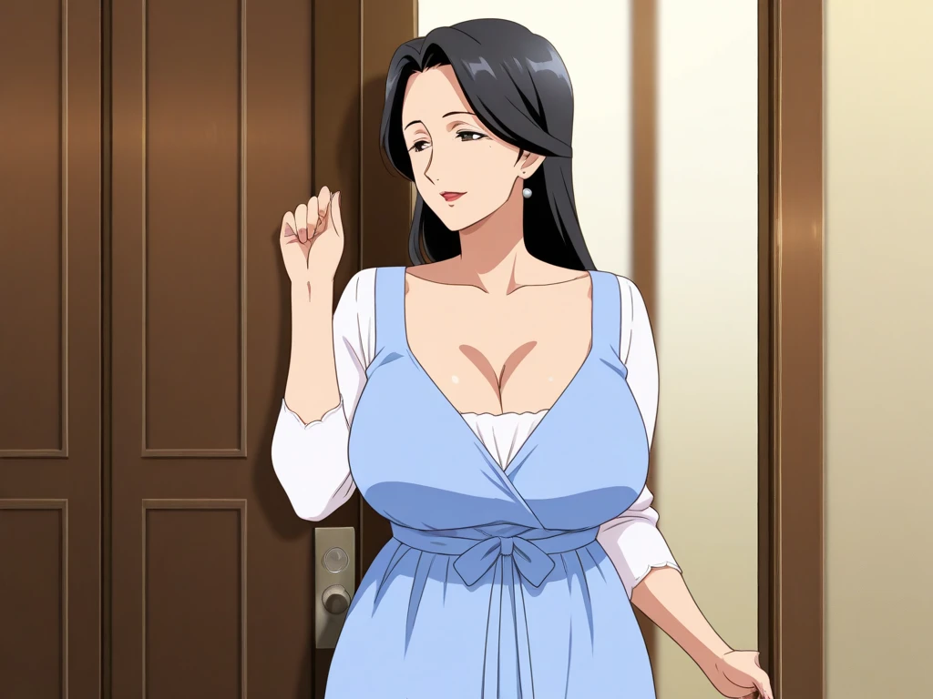 (8k, RAW photos, top quality, masterpiece: 1.2), (realistic, photorealistic: 1.37), (High Quality), (Ultra realistic), (High Details), (Face detail), (Shadow Detail), (Big breast : 1.3), 1 girl, (Mature Female), MILF, solo, Red eyes, Black hair, Gold earrings, Long hair, White Headband, Pink Lips, Blush, (Ultra Face Detailed), See Through Nightgown, Long Legs, (Wide Hips), Candid, Yor Briar, Anime, (Hand detailed), Fingers Detailed