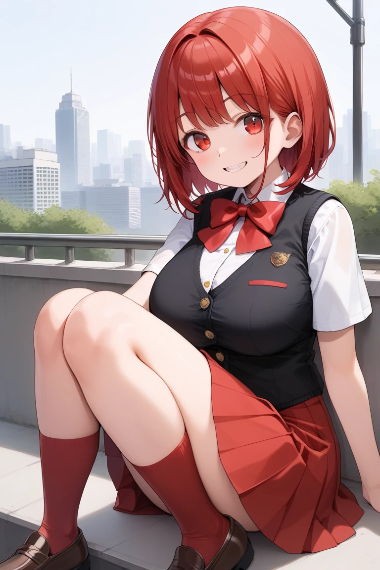 Best quality, masterpiece, highres, 1girl, Yuigahama yui, school uniform, Plaited skirt, short hair, red ribbon, white shirt, black jacket, big boobs, Standing, smile, school background