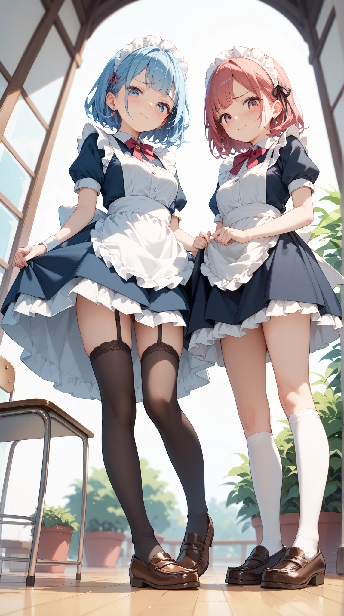 Two women wearing black and white maid outfits are walking side by side through the city., by 2 person, whole body, Sole, skirt, panties, underwear, (shiny blue satin panties:1.3)、(shiny pink satin panties:1.3)、(横紐レースpanties that cover the butt:1.2), embarrassed expression, garter belt, knee socks, 風でskirtがめくれている, look back, realistic,angle from behind, Two-dimensional beautiful girl