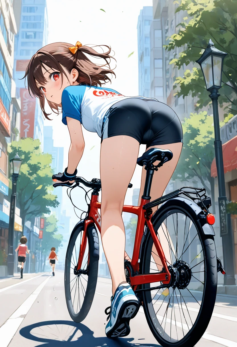 Ride a red bike down the hill,japanese animation,cinematic,sunlight,elegant girl ,big ass、cheerful smile,(black、white、red tight bicycle jersey,)black、white、wearing a red bicycle helmet,big breasts,( Shiny reddish brown short hair,)Cherry blossoms with falling petals,detailed hairstyle,very detailed