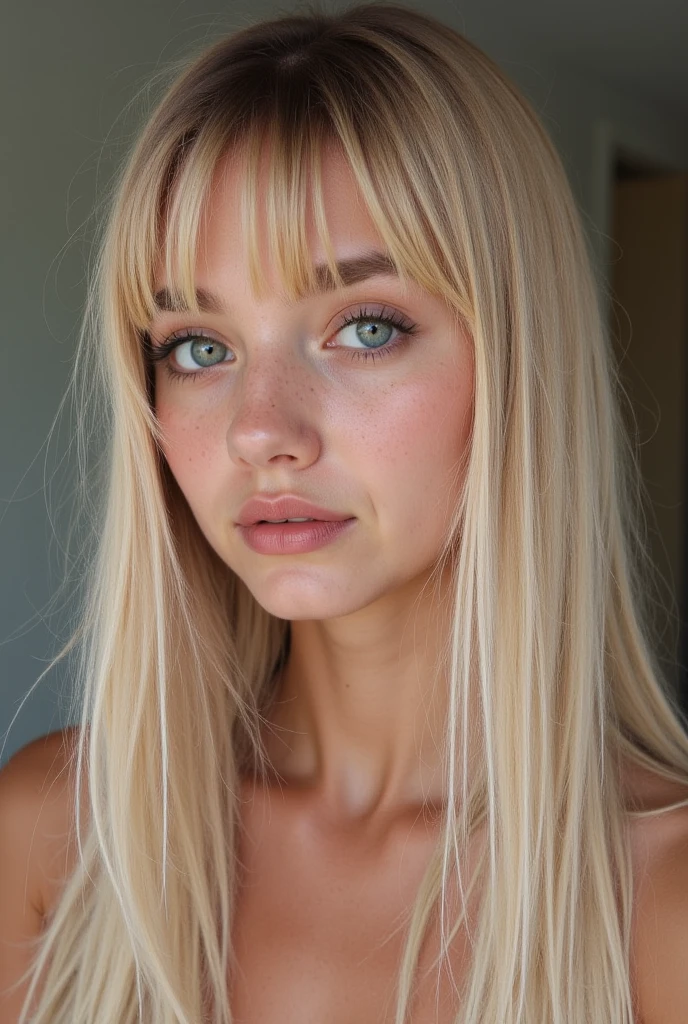 29-year-old blonde girl, naked, (hyperrealistic) (masterpiece), straight hair with bangs+