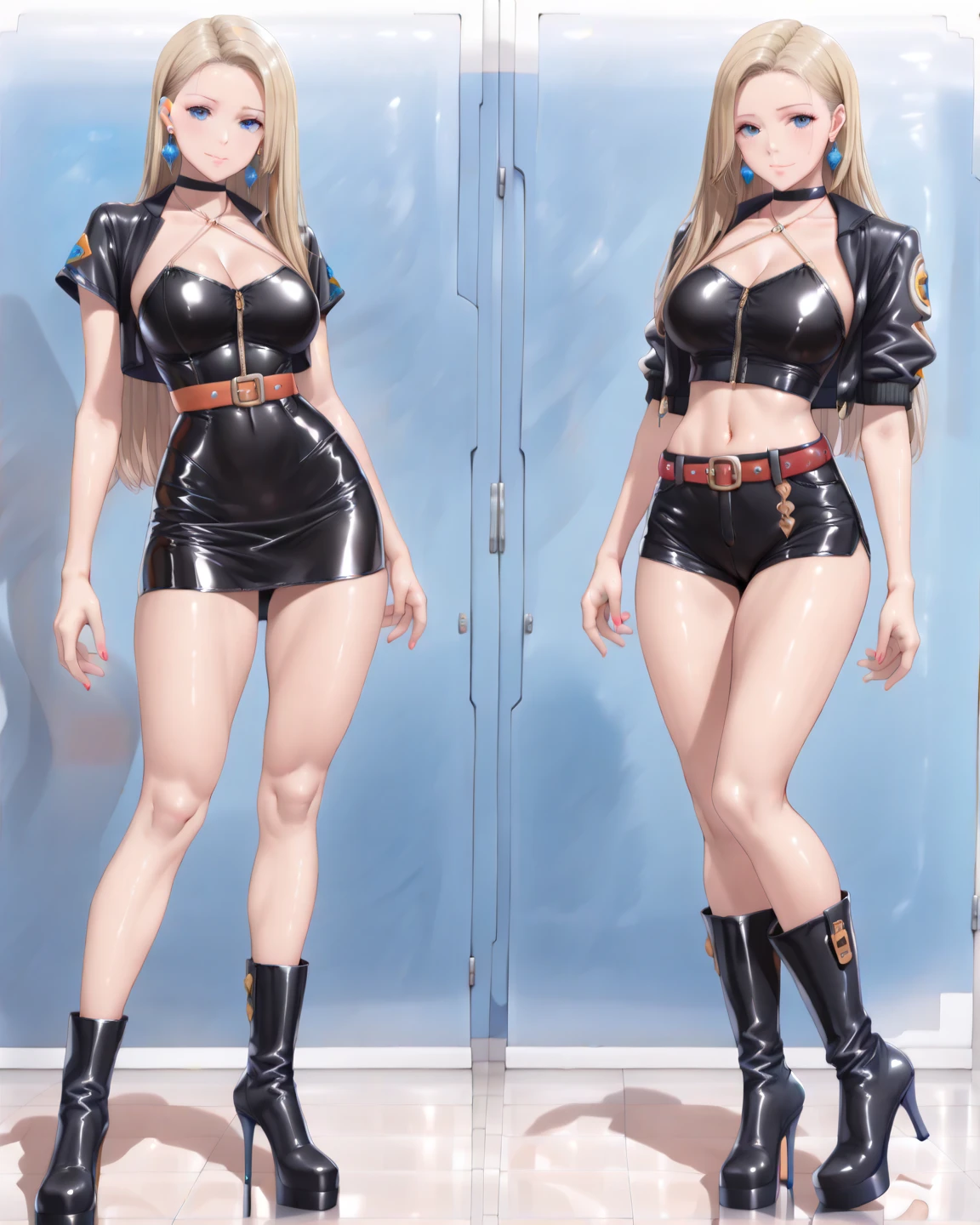Female original character reference sheet adoptable((20year old)), hair((straight, blonde)), eyes((blue)), clothes((fencing clothes)), large breast,