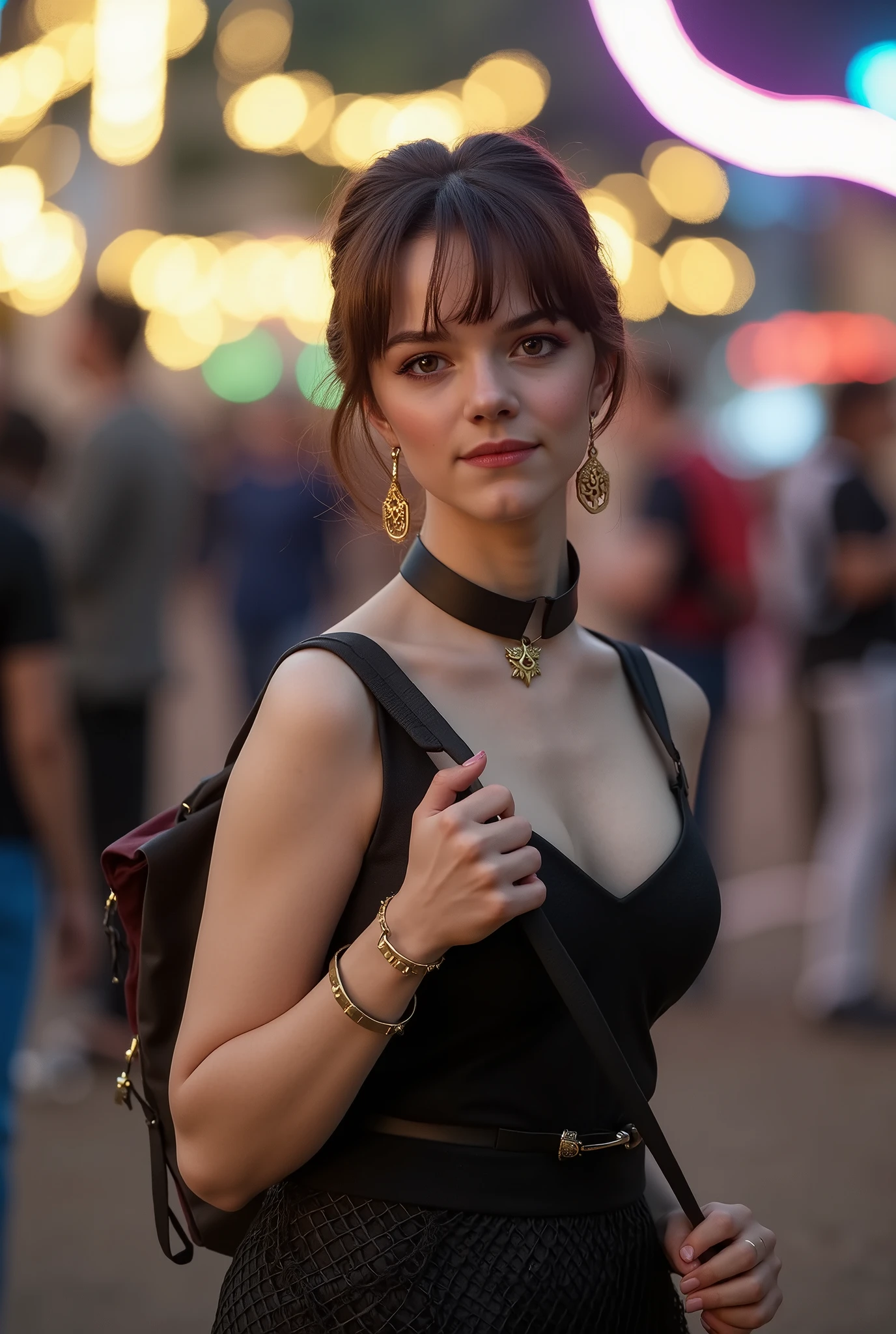 high detailed picture, realistic style, masterpiece, young bimbo, small perfect breasts, torpedotits, (thin, slender, narrow shoulders and hips, anorexic girl, slender legs and arms), EMedvedevaSkater, brown eyes, short hair, light brown hair, straight hair, bangs, 16k, masterpiece, realistic style, perfect fingers, very sexy dress, dressed like (tomboy, microdress, fishnet thighhighs, choker, bracelet, thigh strap, o-ring, navel, open nipples, huge cleavage, collarbone, bare shoulders, high heels platform) , very tight dress, bursting small breasts, school fest