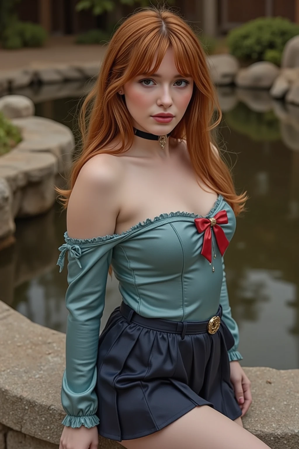 low angle photo of a gorgeous, 35 year old woman, blue eyes, milf, healthy skinny,short, clean skin texture, small, big lips, little noose, sexy, wearing, red lace dress and black corset, (red long hair in ponytail), redhead, red hair,

insanely detailed eyes, little boops, tiny boops, small tits, small perky breasts(perky breasts), perky, skinny, 
2/3 body crop, 8 mm art lens, f 1. 1, sharp focus, 8 k high definition, insanely detailed, photorealistic, 

big shoulder, little neck, long lash, full lips, big lower lip, pink lips, firm breast, firm pushup, push up, firm chest, posing outside in the sunset.