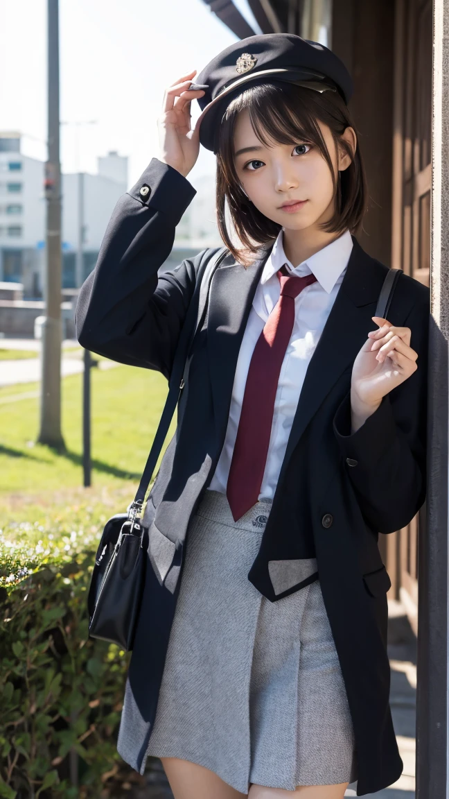 One Woman、((Standing wearing a blazer and miniskirt school uniform))、Primary school students,((small breasts)),Highest quality、Very delicate and beautiful、((Very short bangs))、((Bangs))、明るいつやのある茶色の髪のHighest quality、Very delicate and beautiful、((Very short bangs))、((blunt bangs))、Light shiny brown hair、The hair is light、((Short Bob))、Cute face、Young face、Cute like an idol、Are thin、Slim figure、slender、Short、 body type、((The background is a Japanese townscape))、Thighs、Photographed from the front、The best smile、