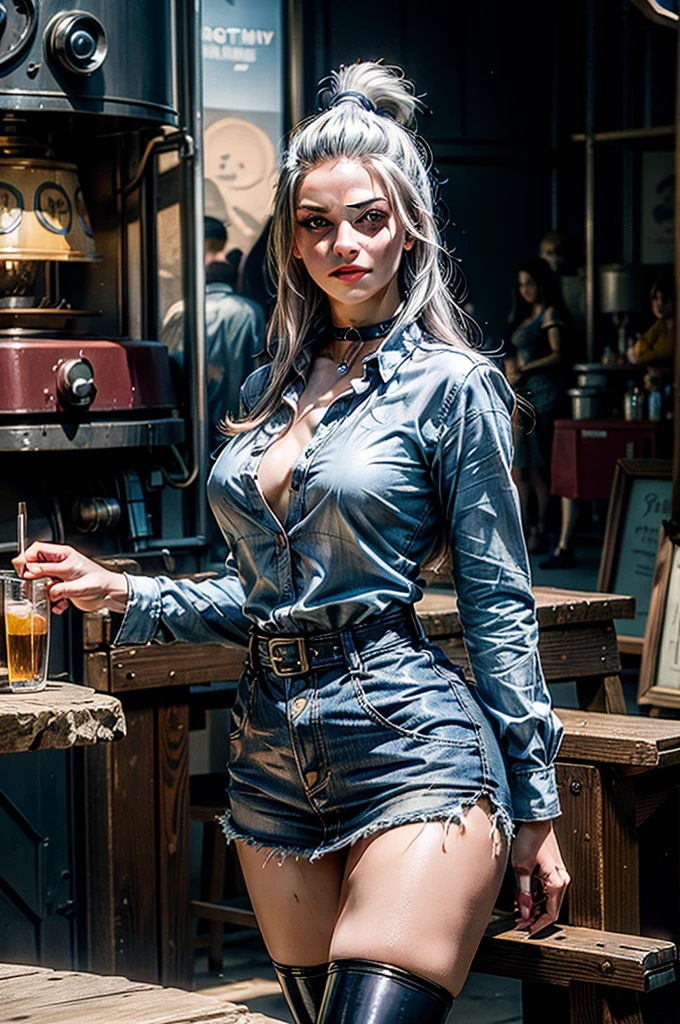 Retrato Motor irreal:1.4,CG ultra realista 64K, fotorrealista:1.4, textura da pele:1.4, obra prima:1.4,posing behind beautiful woman with babydoll lingerie、Roupas curtas amarelas estilo cyberpunk, Red pantyhose , Mini saia azul,
