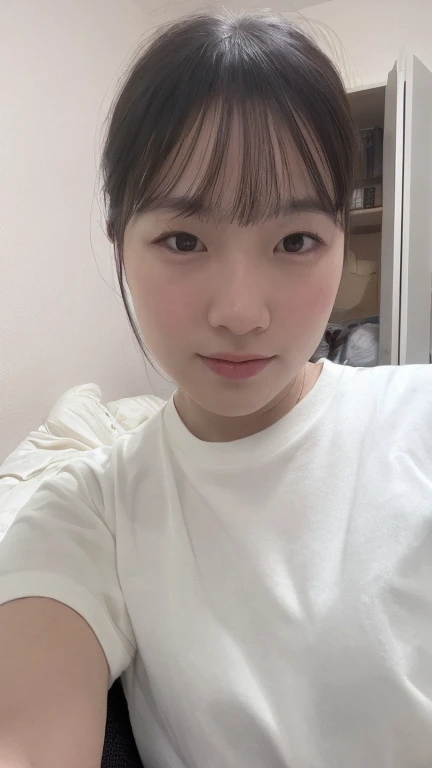 (8k, RAW Photos, highest quality, masterpiece, Realistic, Detailed face, Detailed skin, Center View, Front view, Warm color temperature:1.2), (fat girl, alone:1.5),face up,Beautiful Girl,t-shirt.