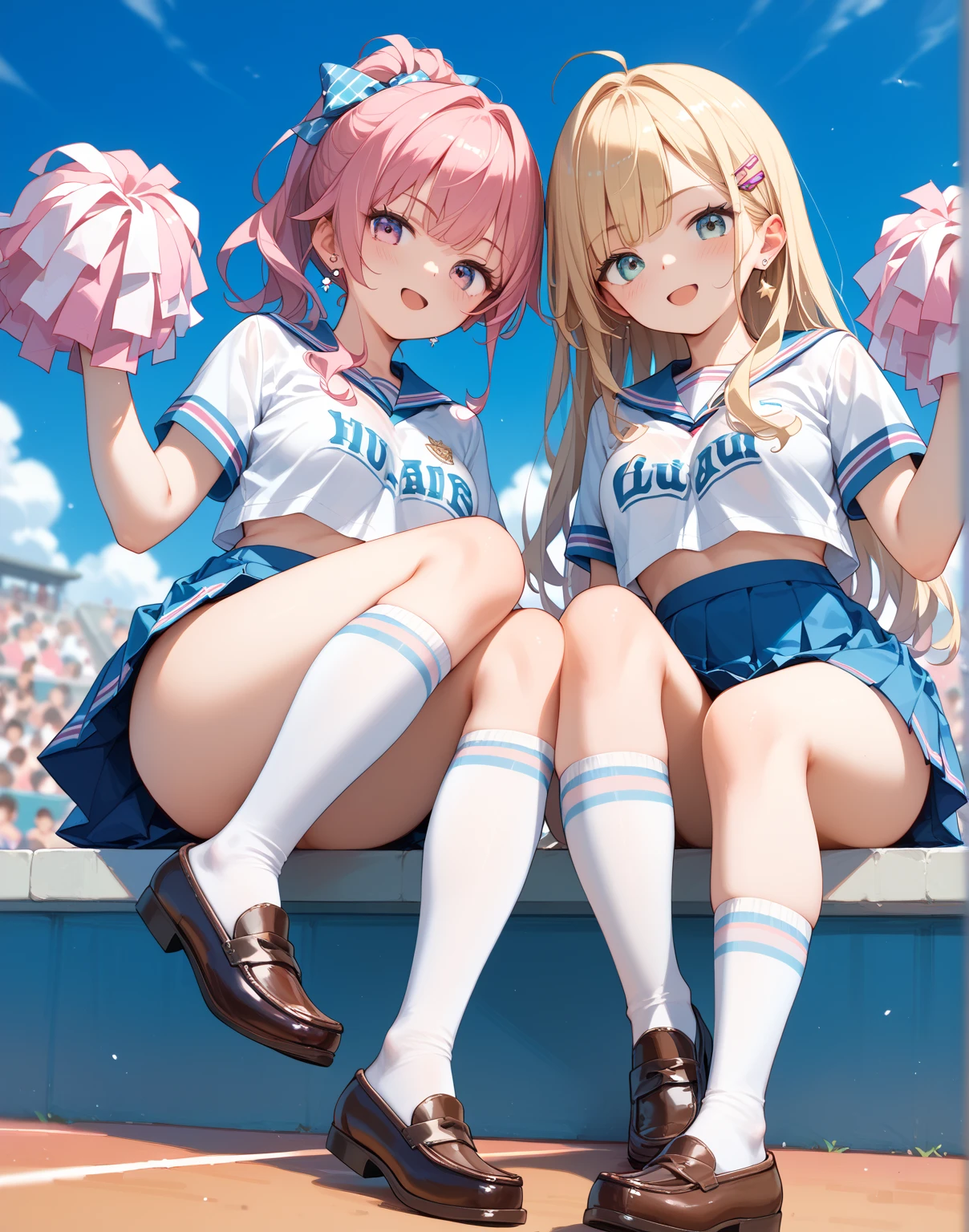 Texture CG, ((Ultra Detail Art)), ((master piece)), (extremely details CG),Multiple girls,3girls,group picture,nsfw,cheerleaders,cheerleading poses,dynamic poses,(gals,gyaru),((((bright blue cheerleader unifrom))),skirt ,(((pleated micro skirt))),underboobs ,medium breasts, beautiful legs,legs up,standing on one leg,spread legs,heart pasties, maebari, heart maebari,pussy peek,clitoris slip,anus peek,(election of clitoris:1.5),wind lift,(from below:1.3), long hair, blonde hair, brown hair, pink hair, silver hair,ponytail hair,Curve, Beautiful detailed eyes , gleaming skin, bracelet, ,hair ornament, hairclip, jewelry, open mouth ,light smile, embarrassed:1.4,outsides ,clear sky, in summer ,windy ,garden,