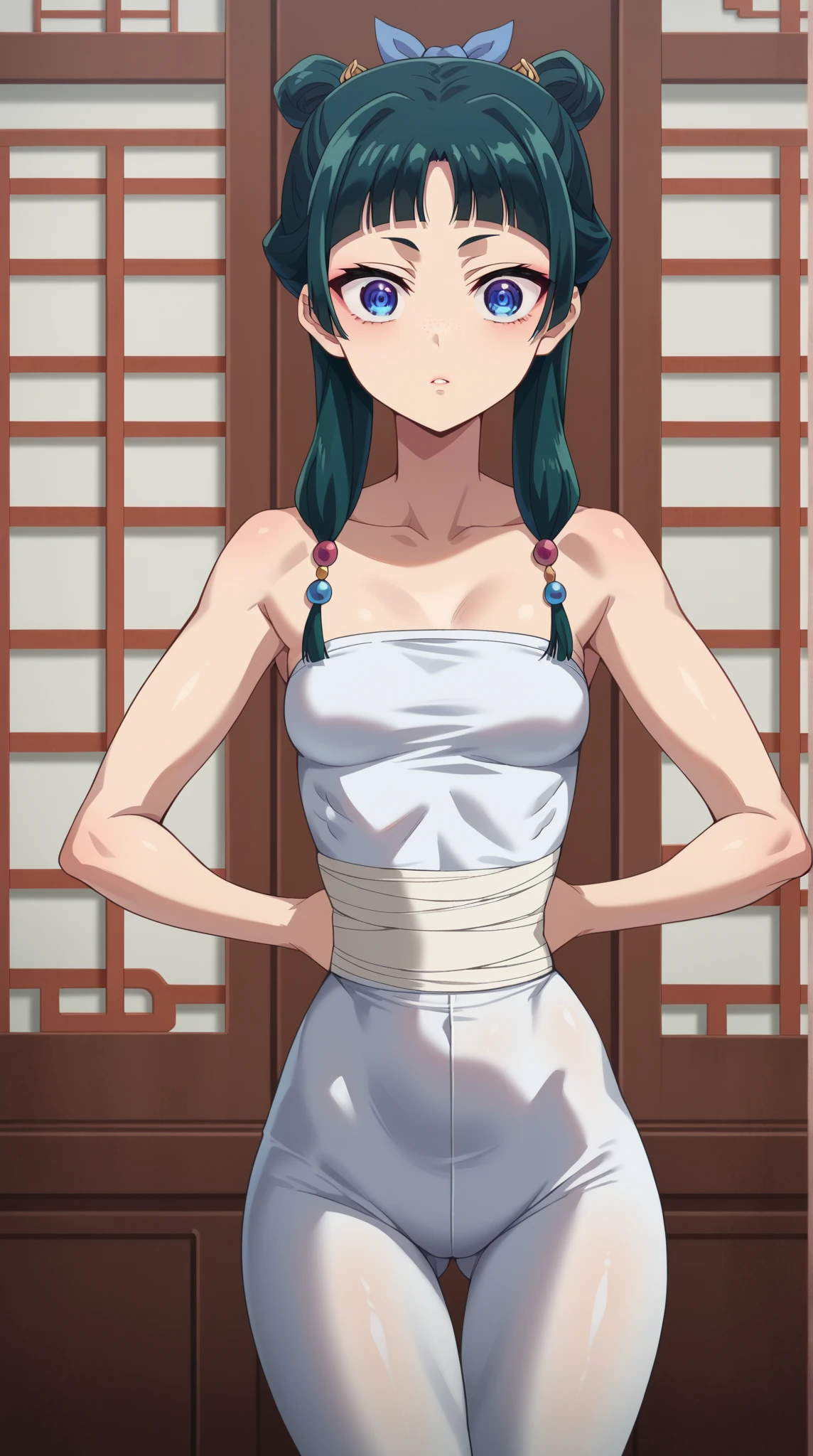 1girl, solo, blue eyes, big eyes, green hair, blunt bangs, multi-tied hair, green robe, small breasts, looking at viewer, chinese clothes, green hanfu, red skirt, bare shoulders, no bra, nipple slip, flowers background, naughty face, blush, puffy nipples, skirt lift,